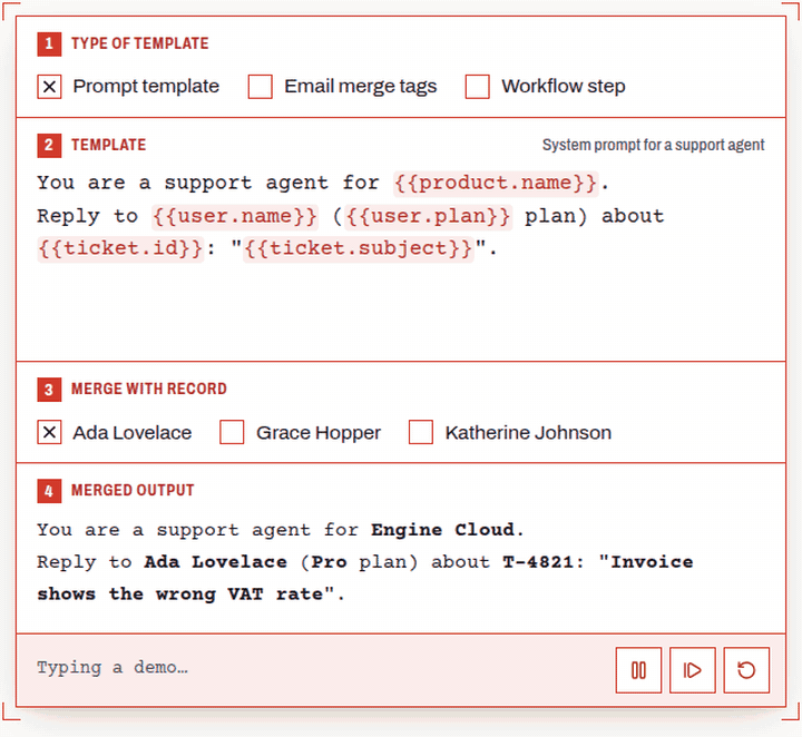 Typing {{user. shows name, plan and locale with their values; picking one closes the variable