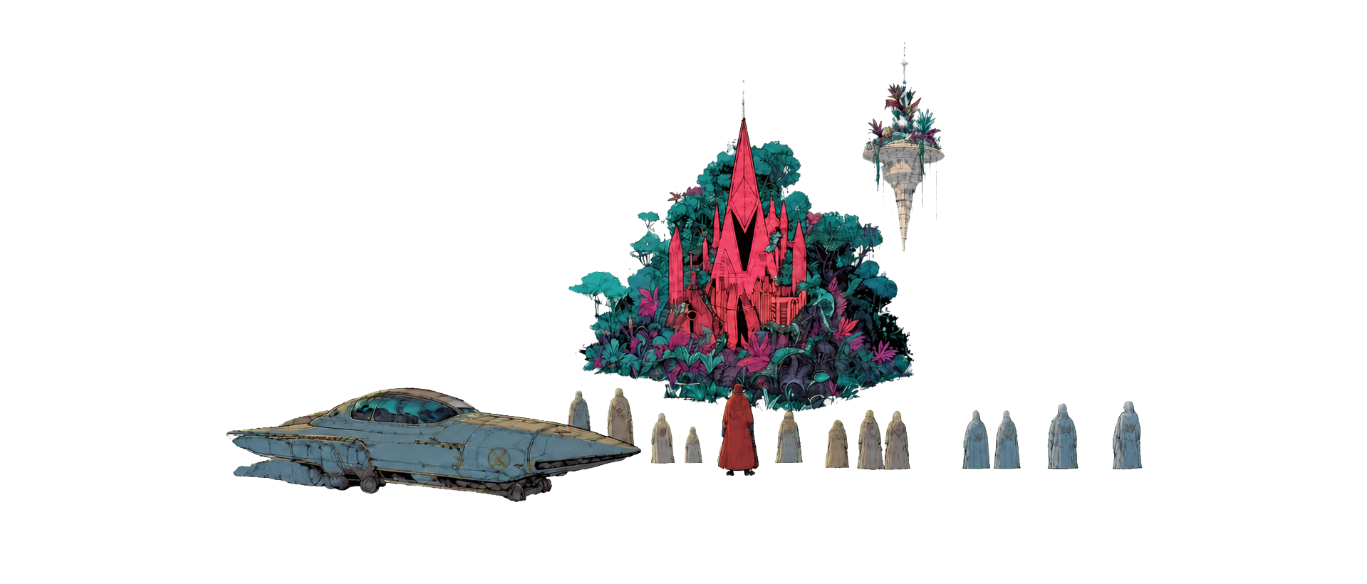 Transparent landmark overlay identifying navigational destinations in the RaidGuild panorama