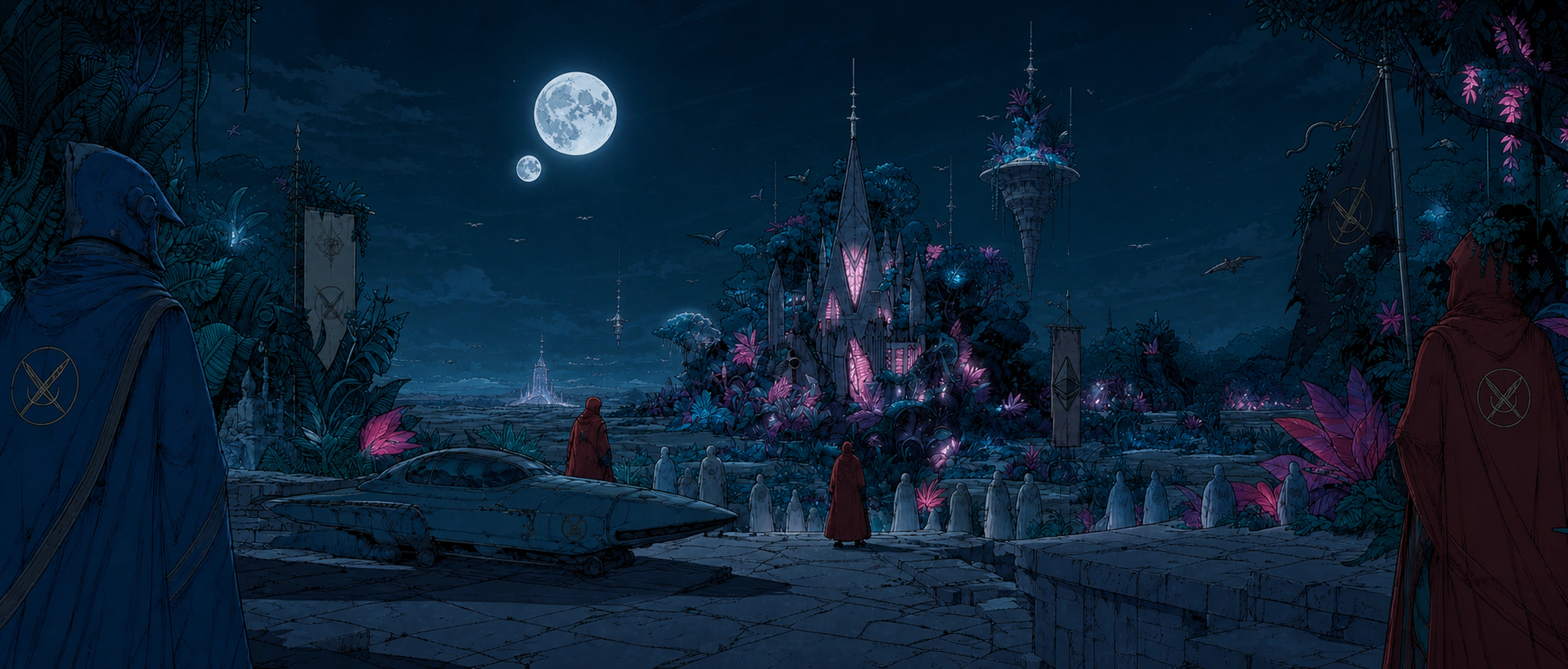 A moonlit panoramic view of the Louchi-era RaidGuild world