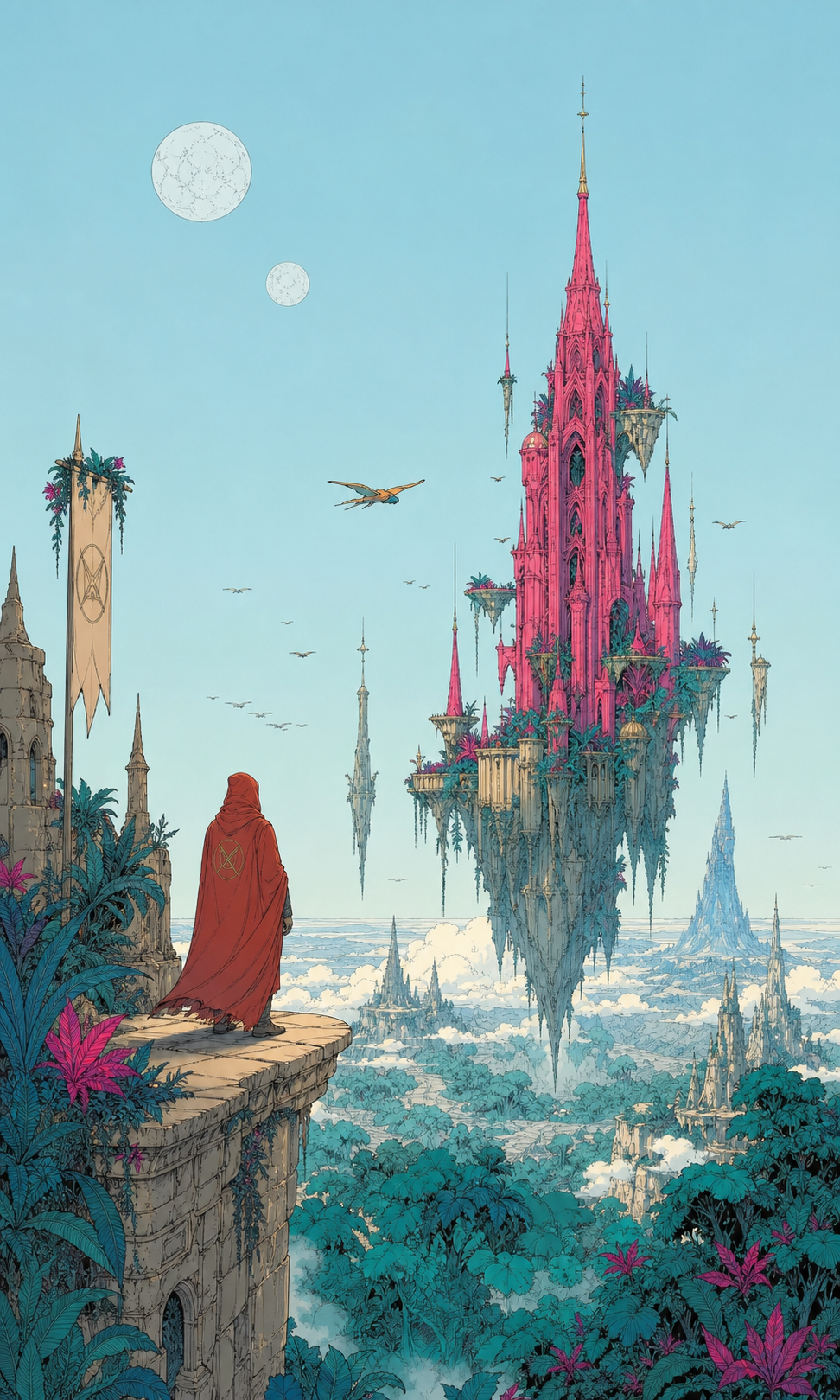 A cloaked traveler overlooking a floating coral citadel
