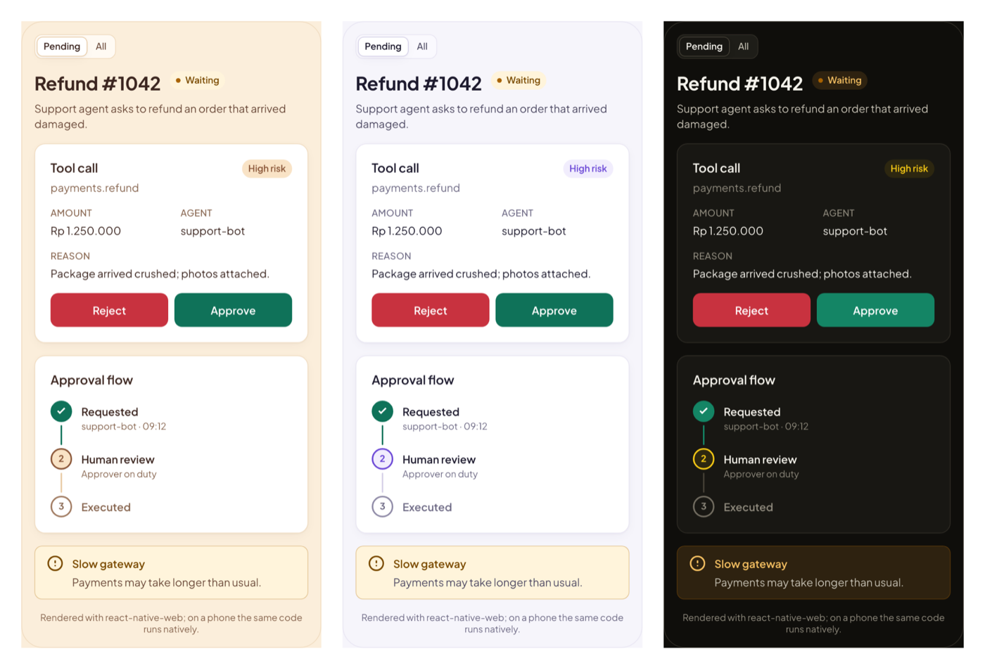 An approver screen built from Rupa React Native components in the latte, violet, and signal brands