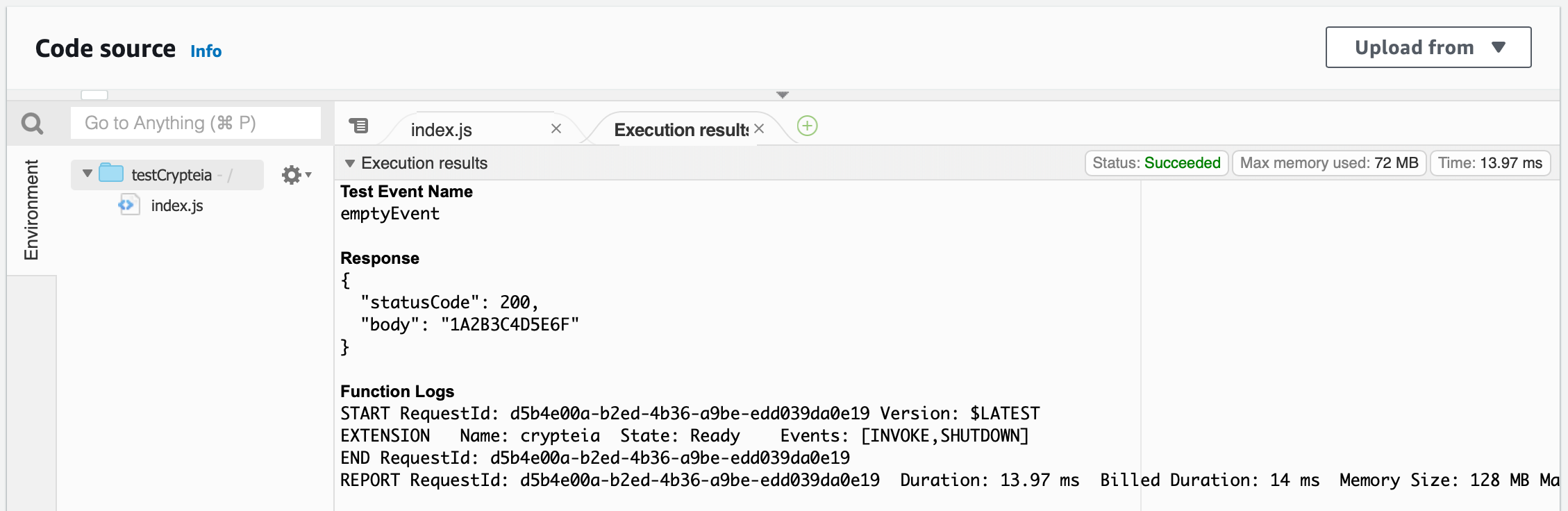 Screenshot of Code source in the AWS Lambda Console showing the <code>body</code> results of <code>1A2B3C4D5E6F</code> which is resolved from SSM Parameter Store.