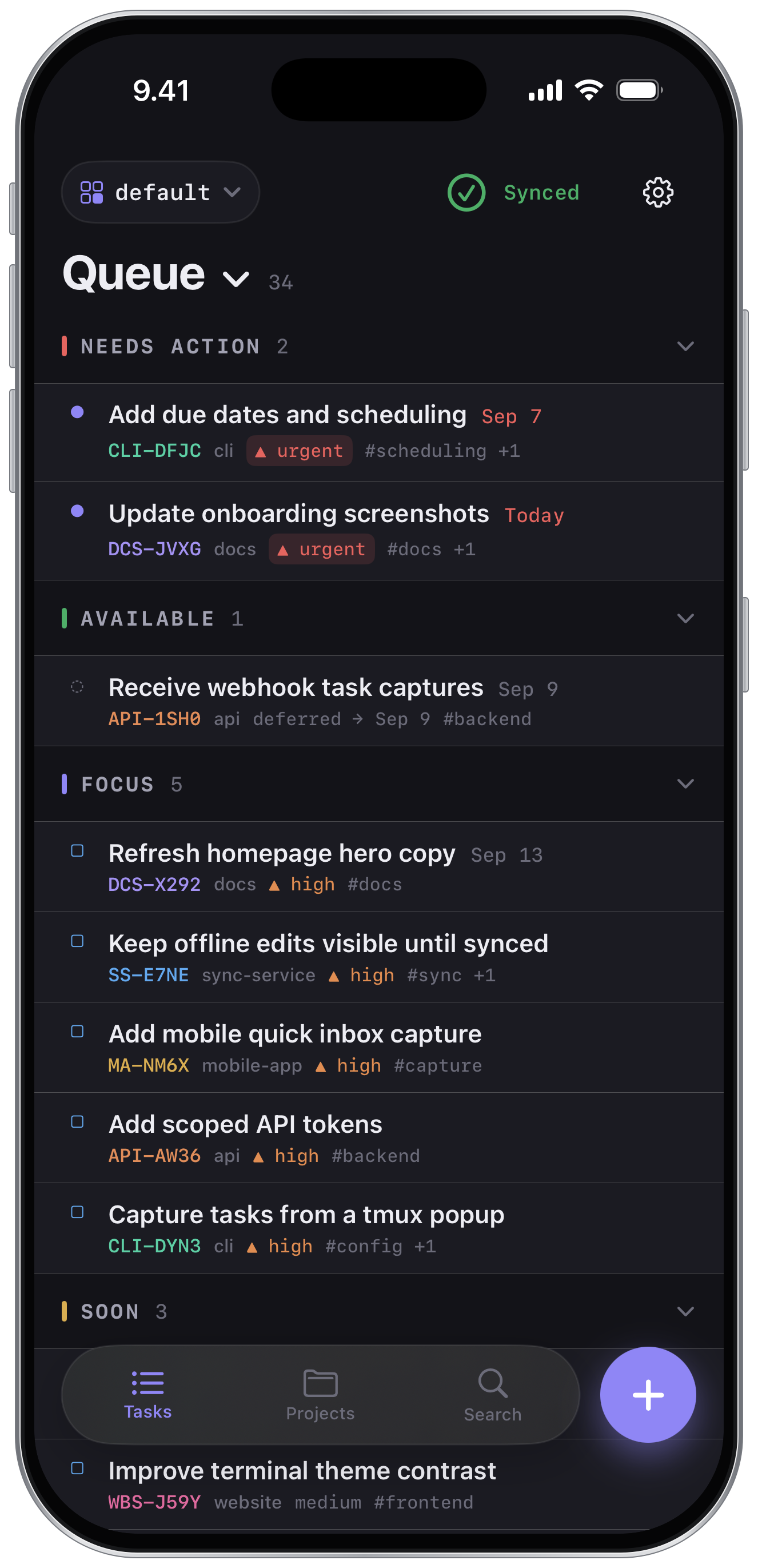 Aven iOS queue in dark mode with the TUI demo tasks, priorities, and project labels in an iPhone frame