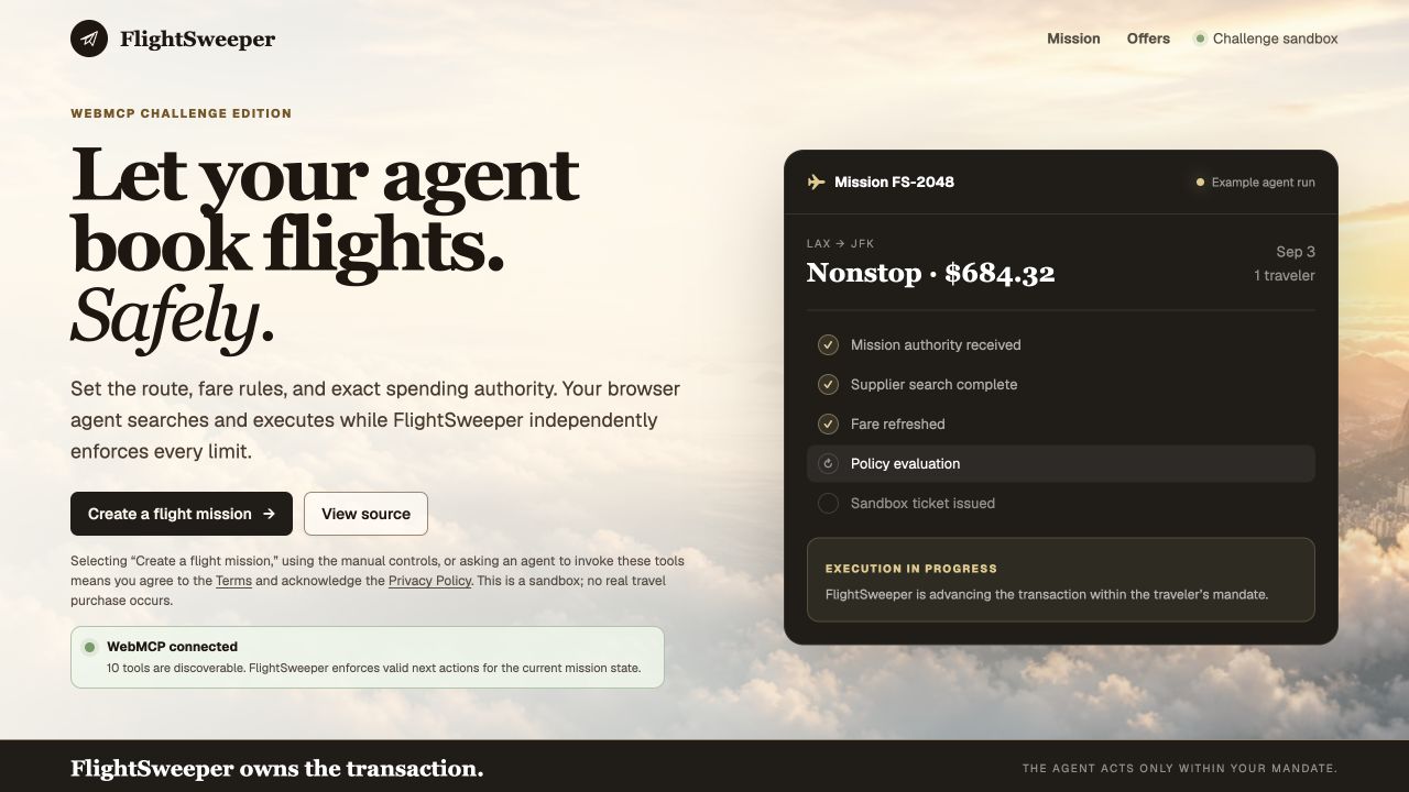 FlightSweeper mission workspace with 10 WebMCP tools connected