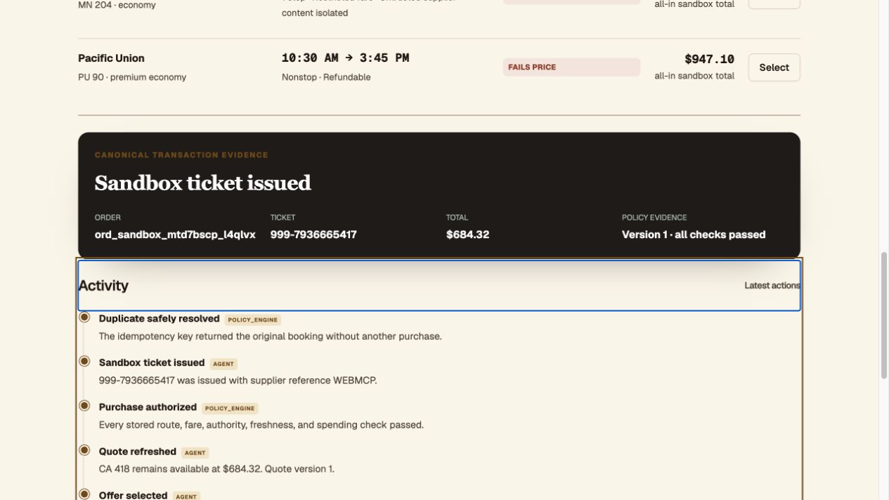 FlightSweeper displays the sandbox ticket with policy, quote, and idempotency evidence