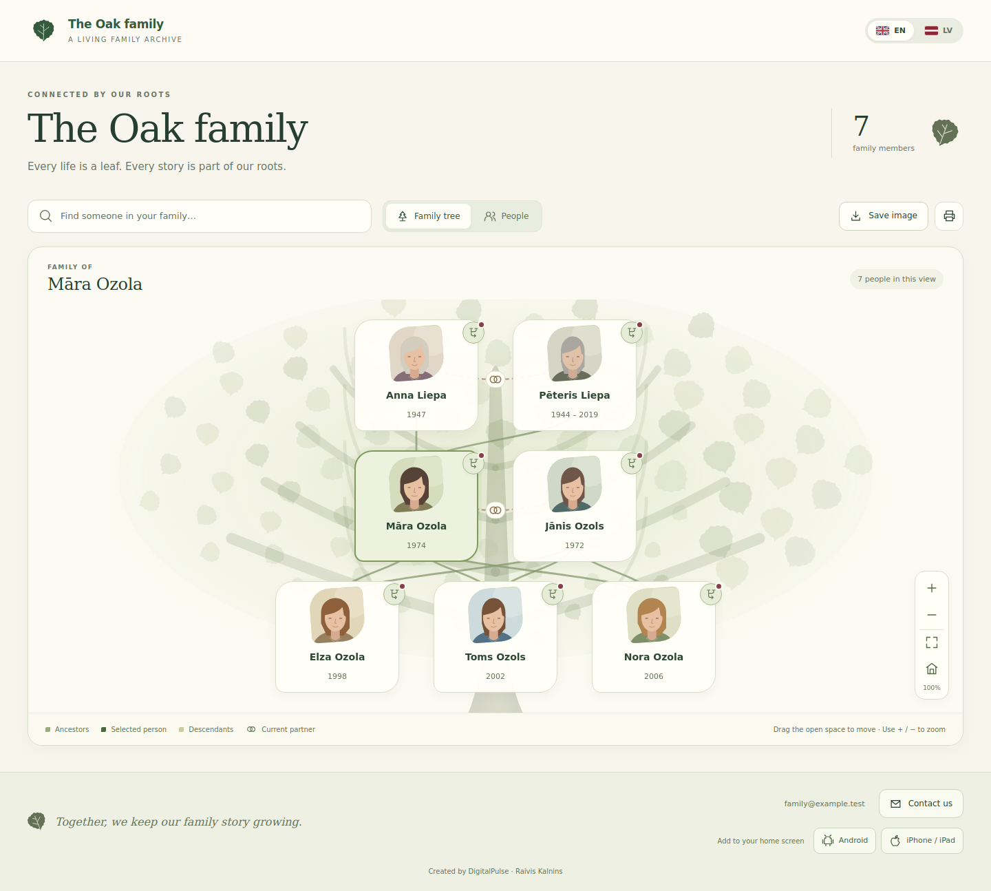 DigitalPulse Family Archive with its page title, oak tree, language switch and contact footer