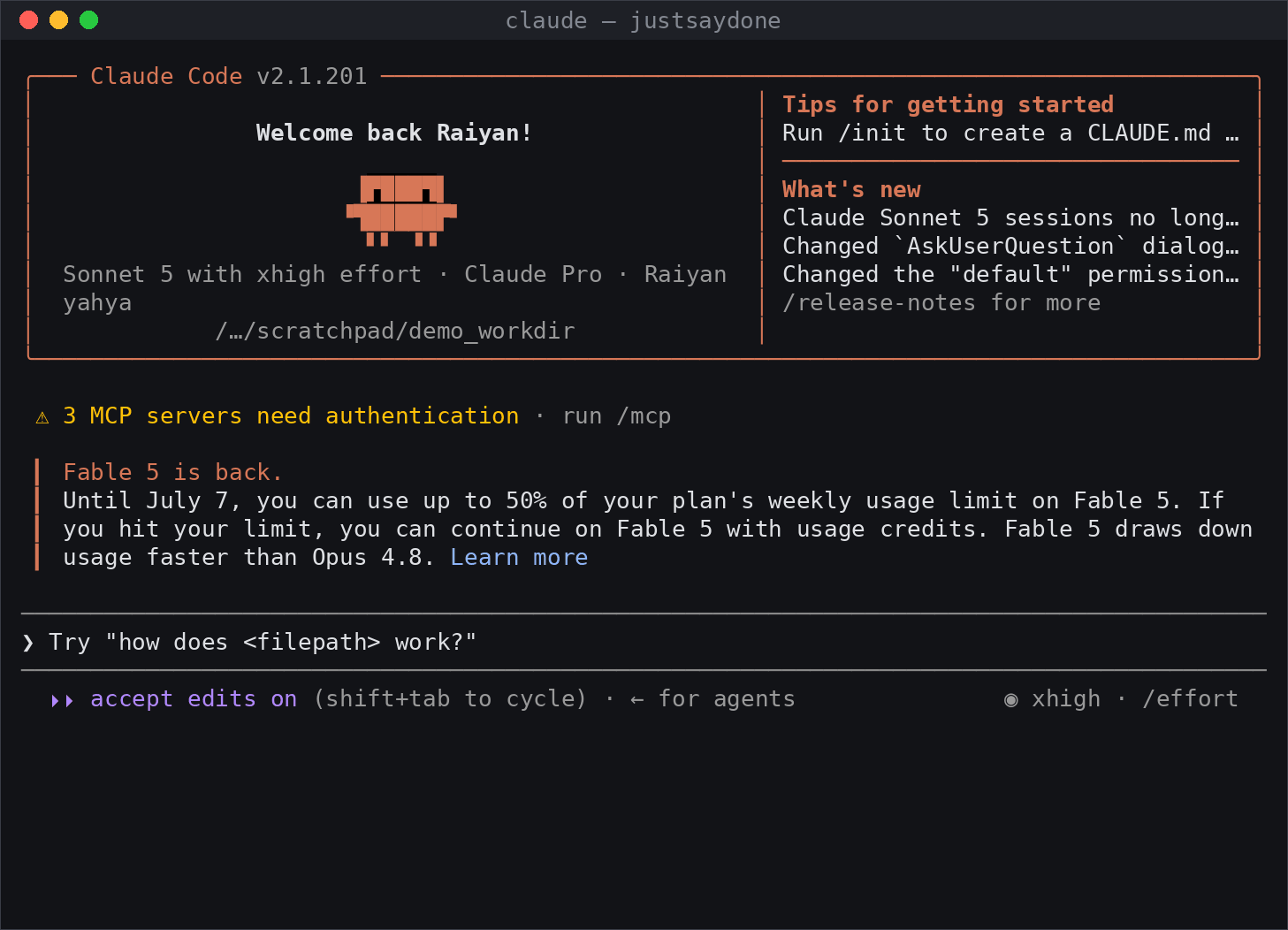 A real captured Claude Code session: two tasks each answered with just 'done', then 'why?' gets a full explanation