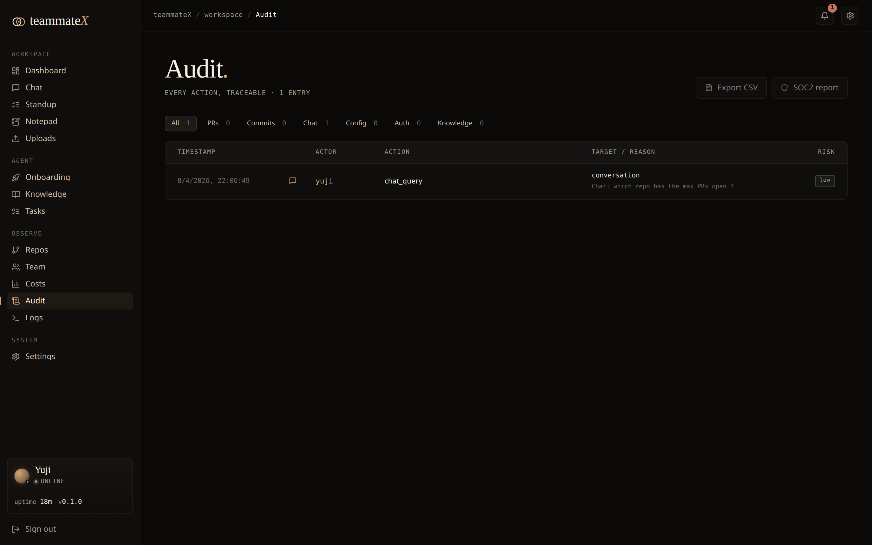 Audit: a filterable, exportable record of every agent action with a risk level