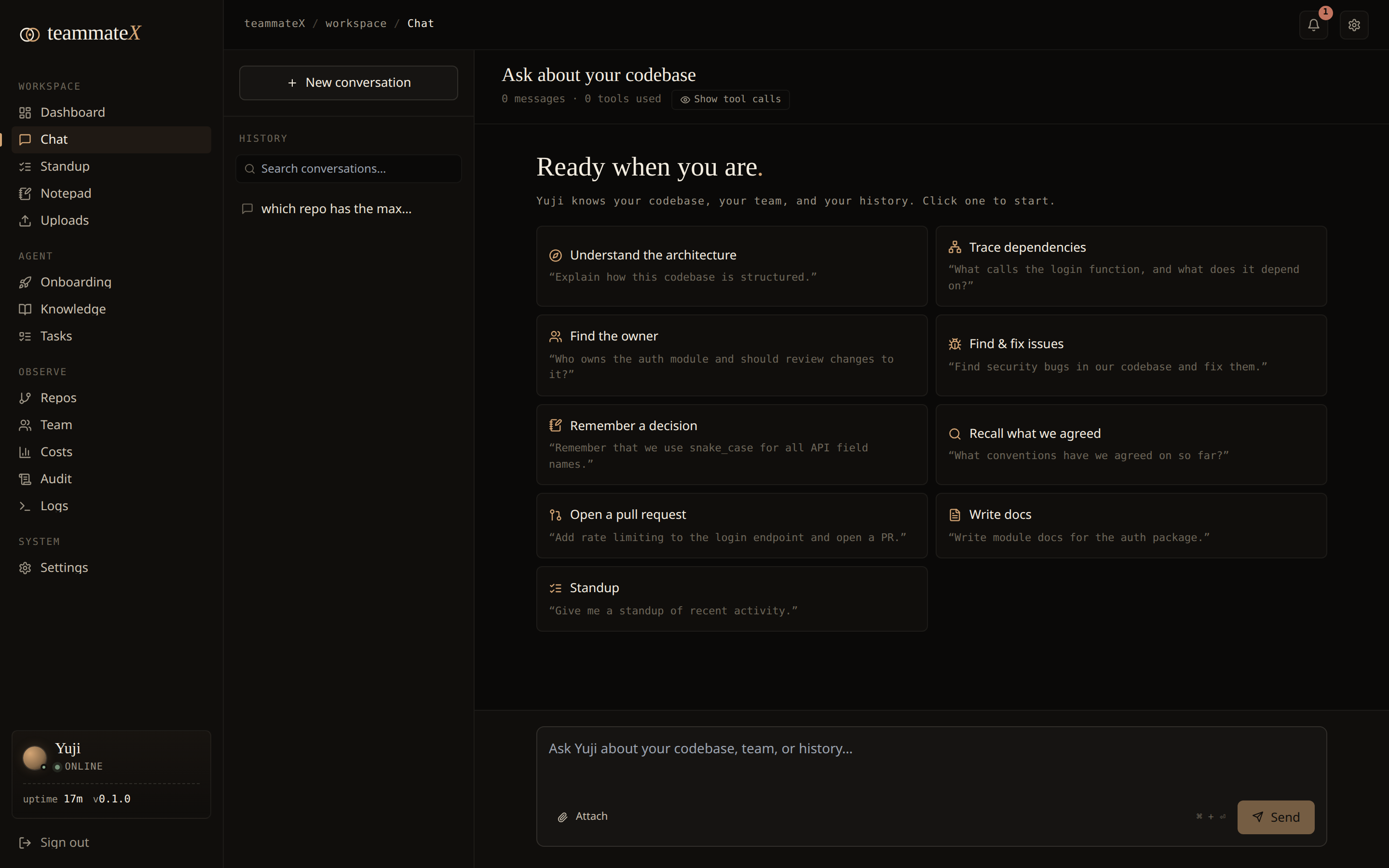 Chat: grounded agent with capability cards, conversation history, and a toggle to show/hide tool calls