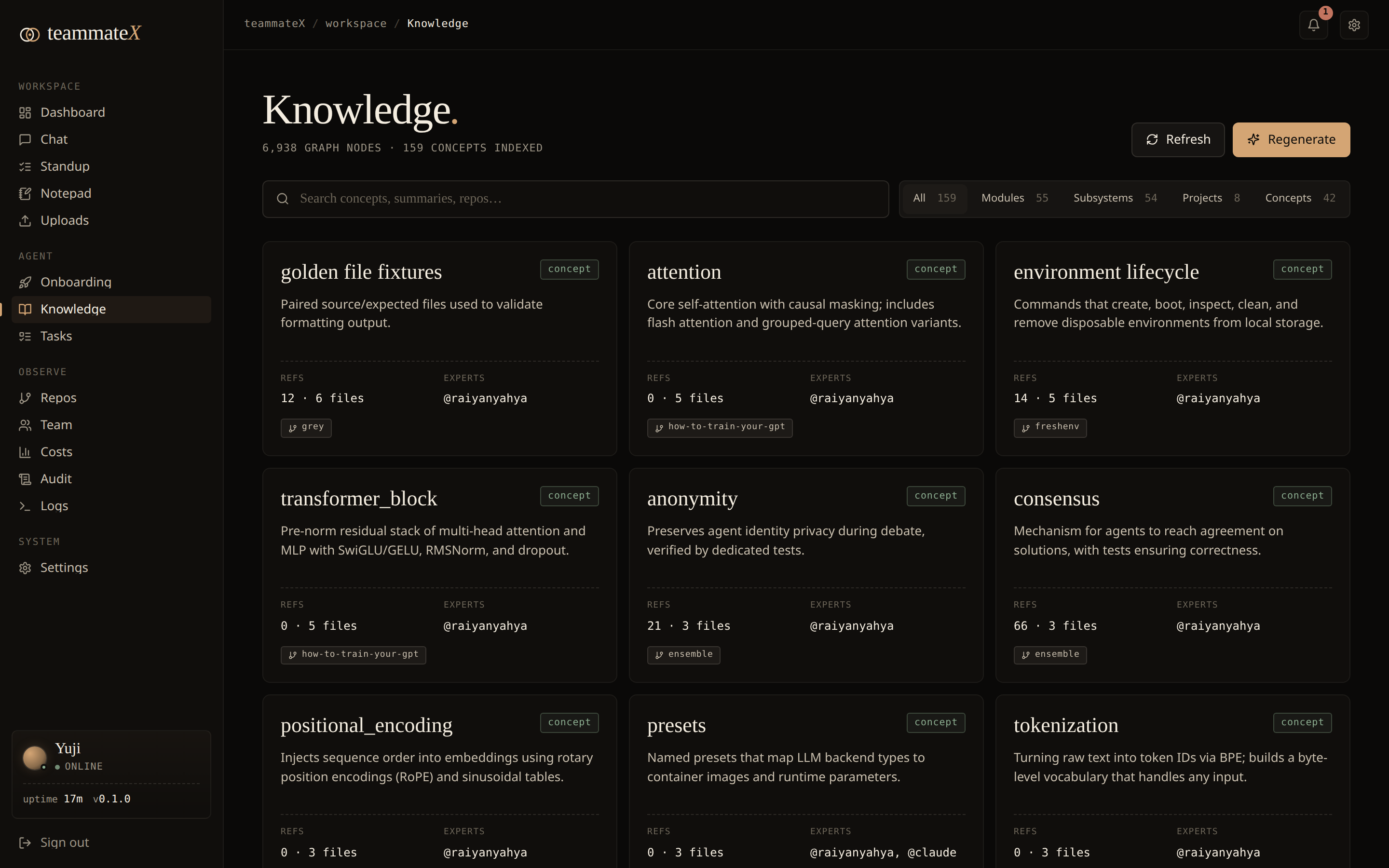 Knowledge: LLM-authored concept cards with refs, files, experts, and modules/subsystems/projects filters