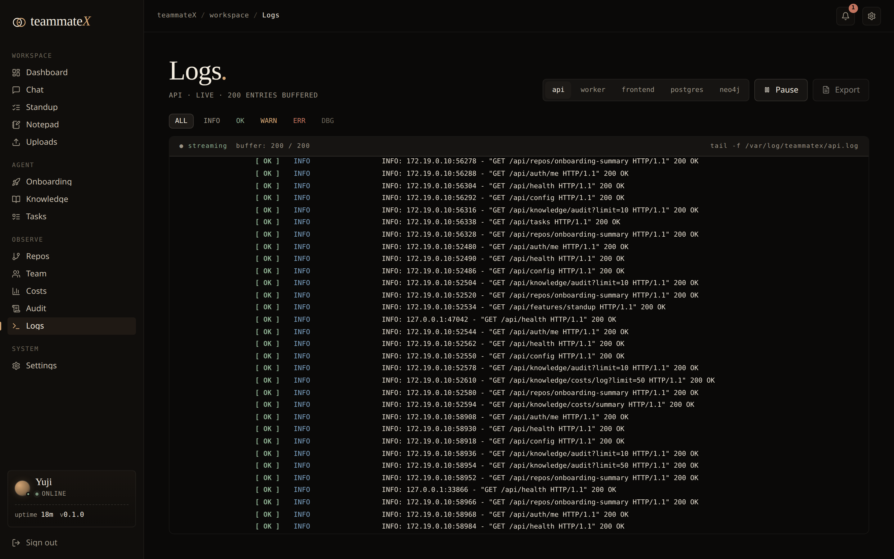 Logs: live container logs with per-level filters, service switching, and pause/resume