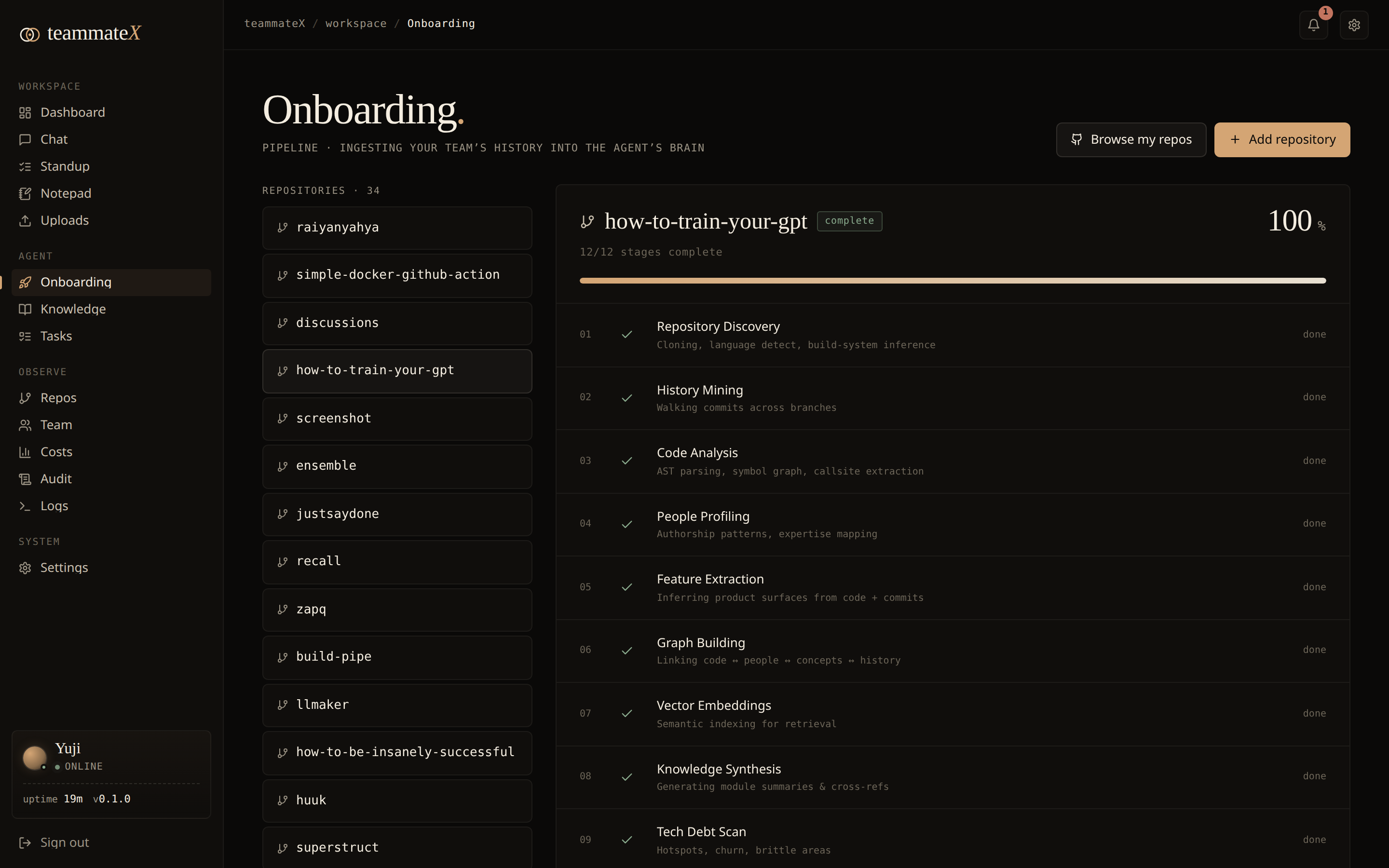 Onboarding: the 12-stage ingestion pipeline, per-stage status, retry on failure
