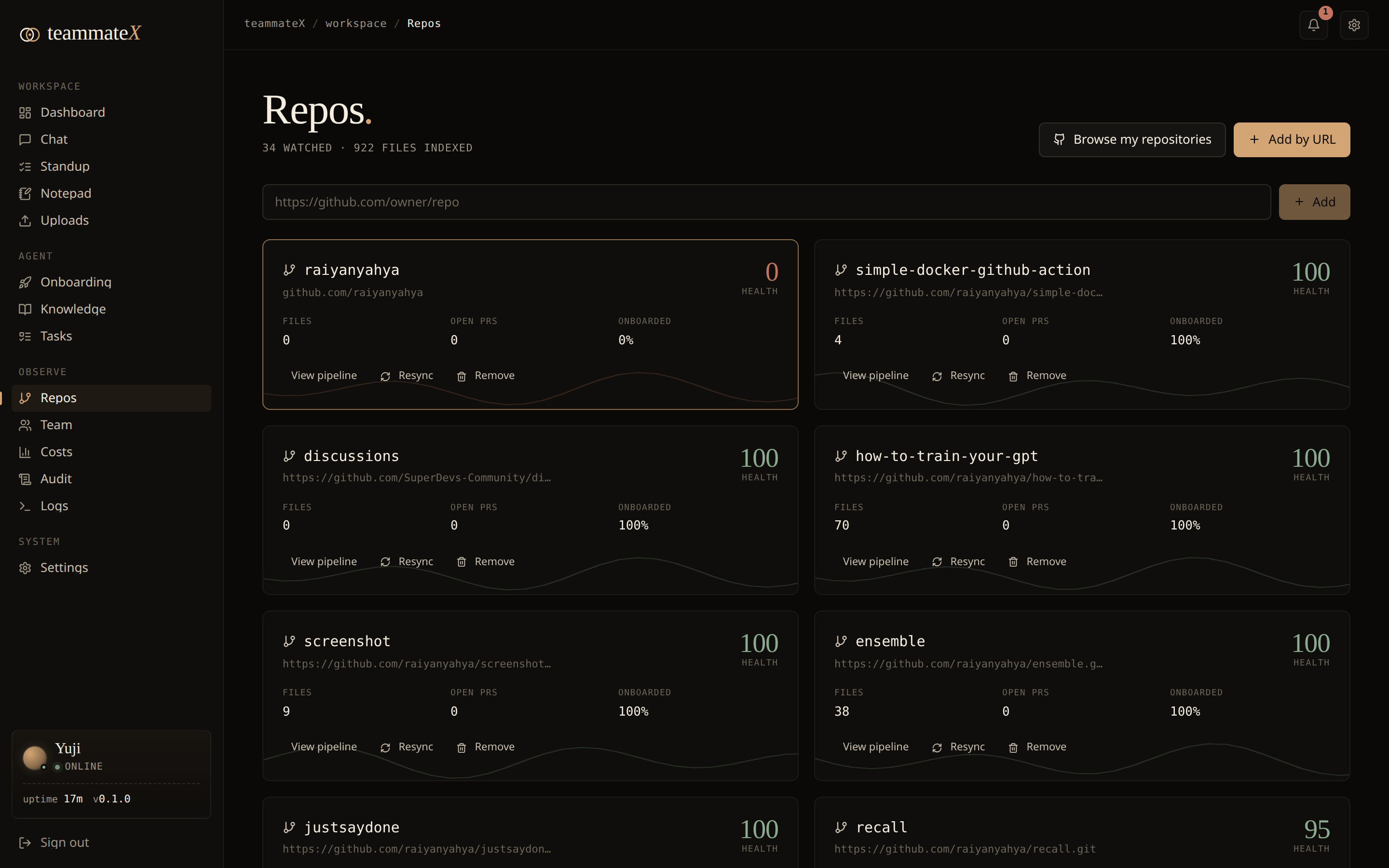 Repos: every watched repository with files indexed, open PRs, onboarding %, and health