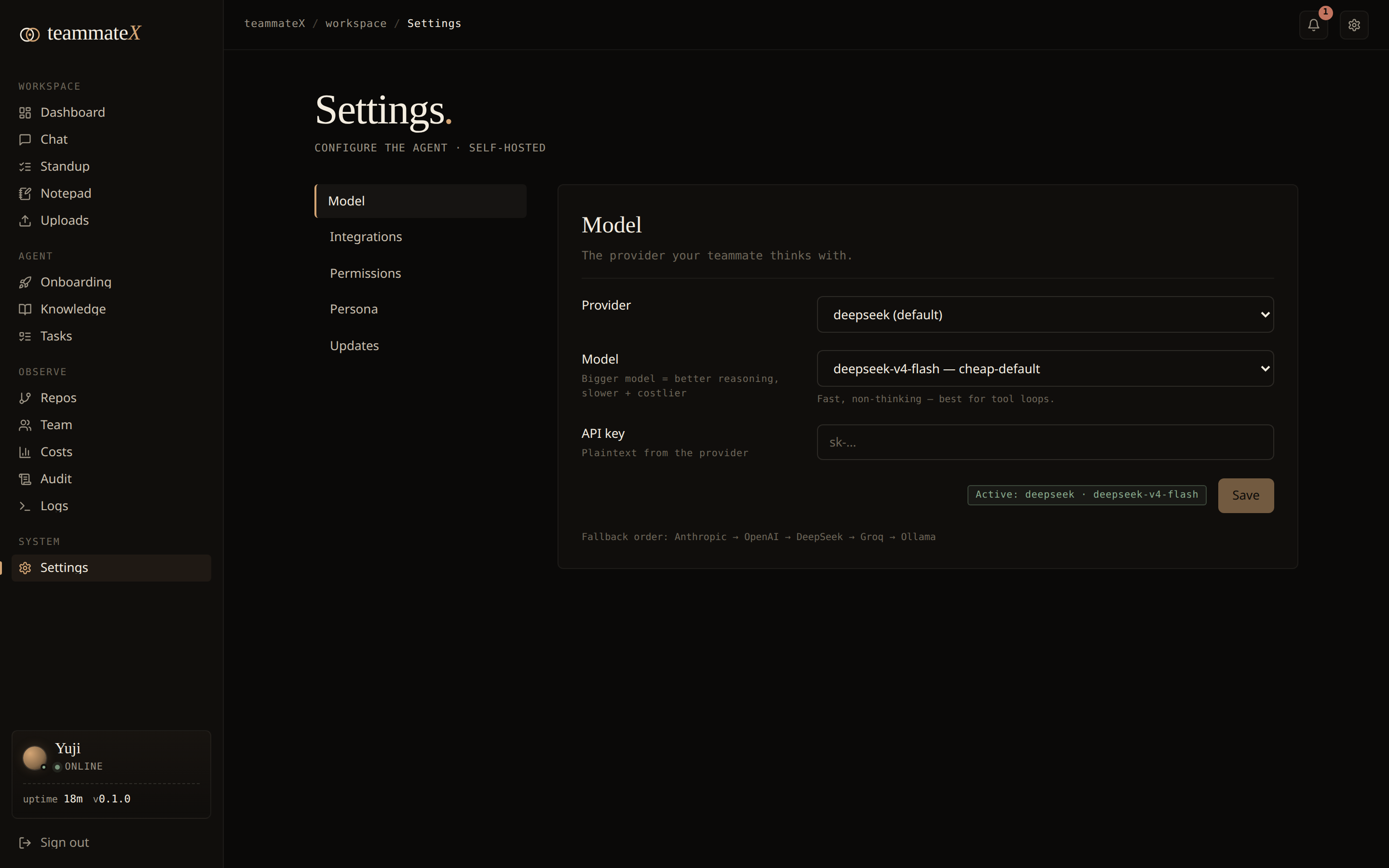 Settings: pick the provider/model, manage integrations, permissions, persona, and updates