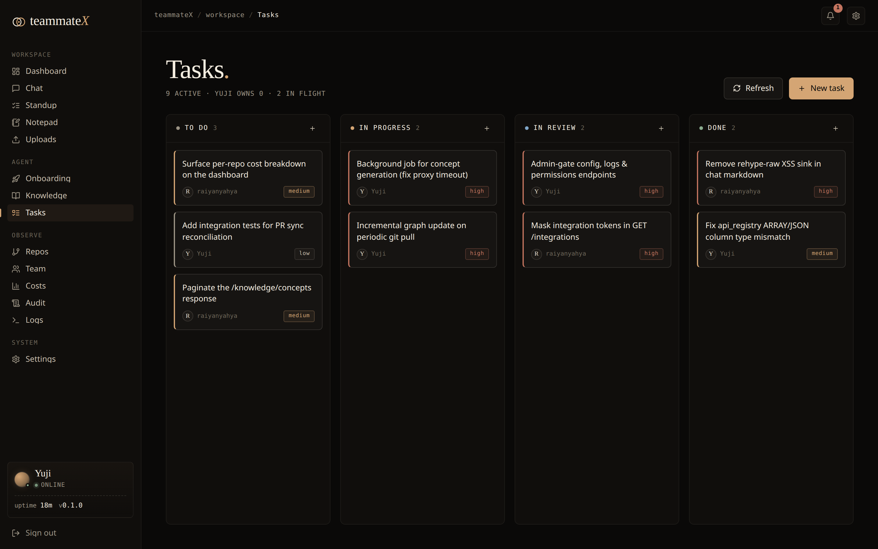Tasks: drag-and-drop Kanban board backed by a real REST API