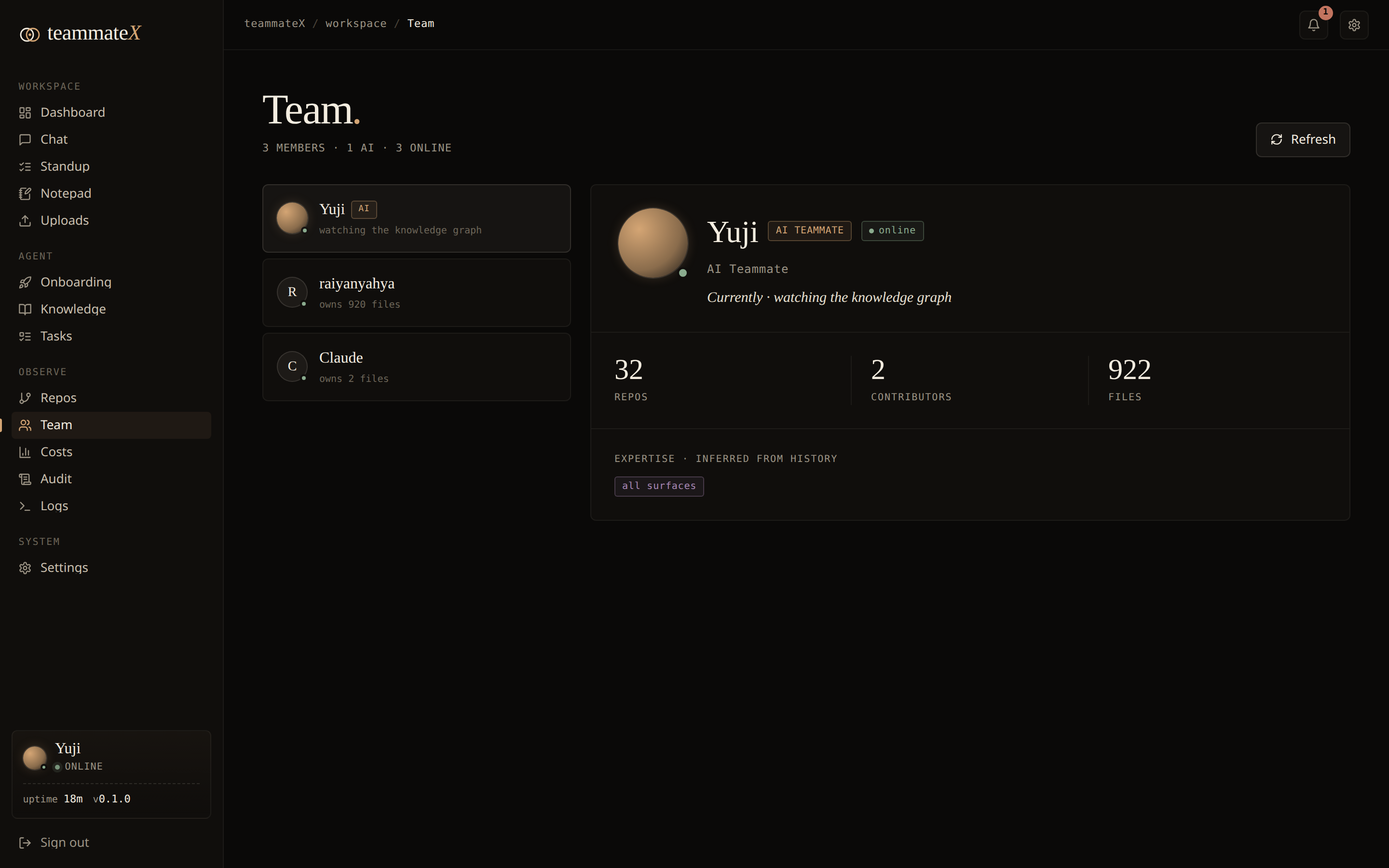 Team: the AI teammate plus human contributors and ownership mined from git history