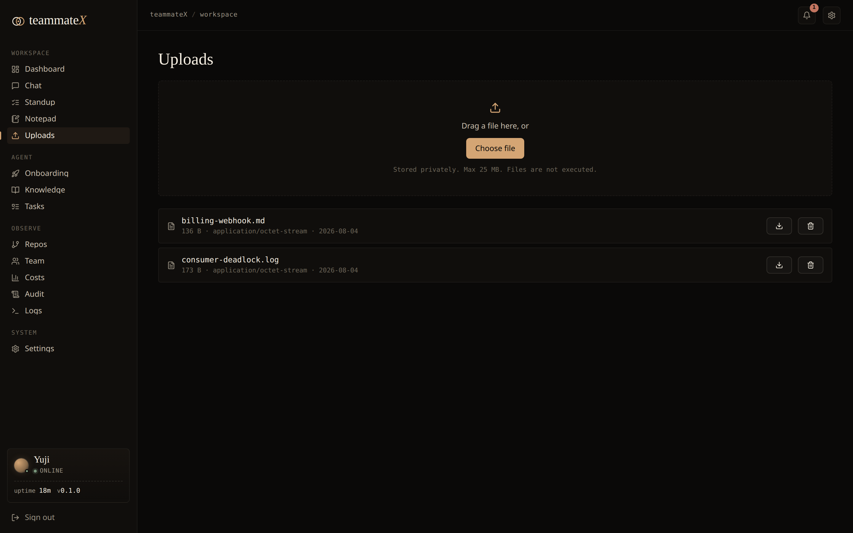 Uploads: a private, per-user file area; store-only, never executed