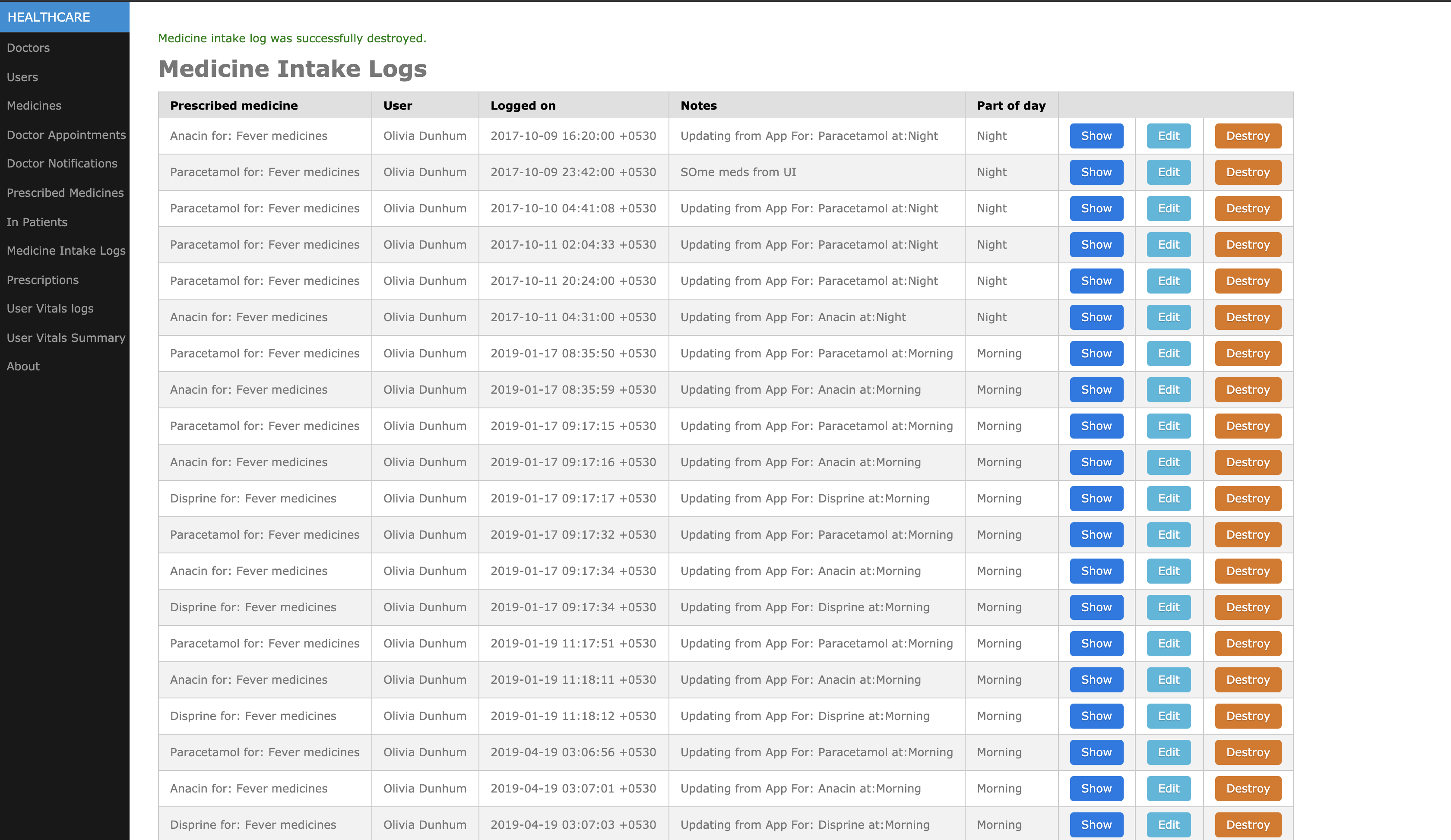 Medicine intake logs