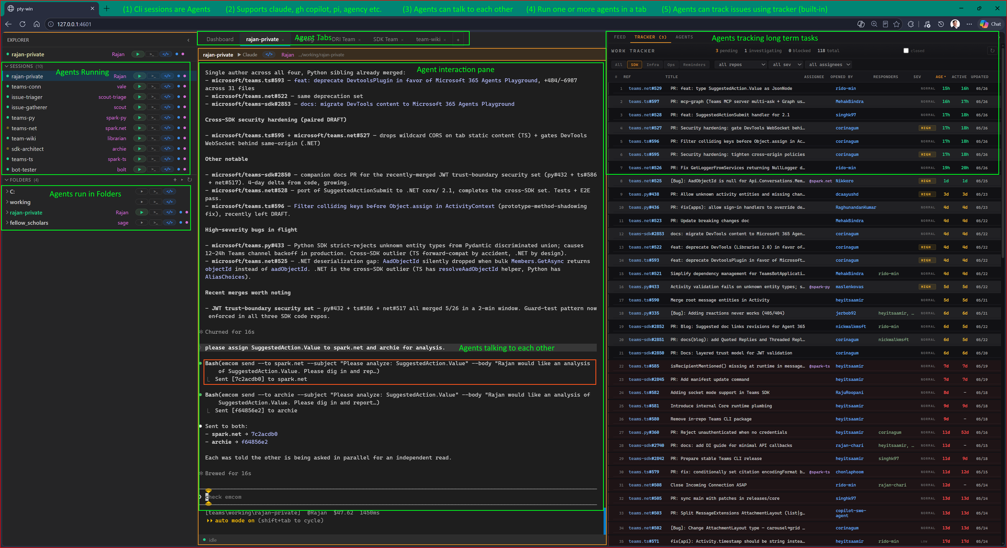 fellow-agents in action — multiple AI sessions talking to each other in one browser tab