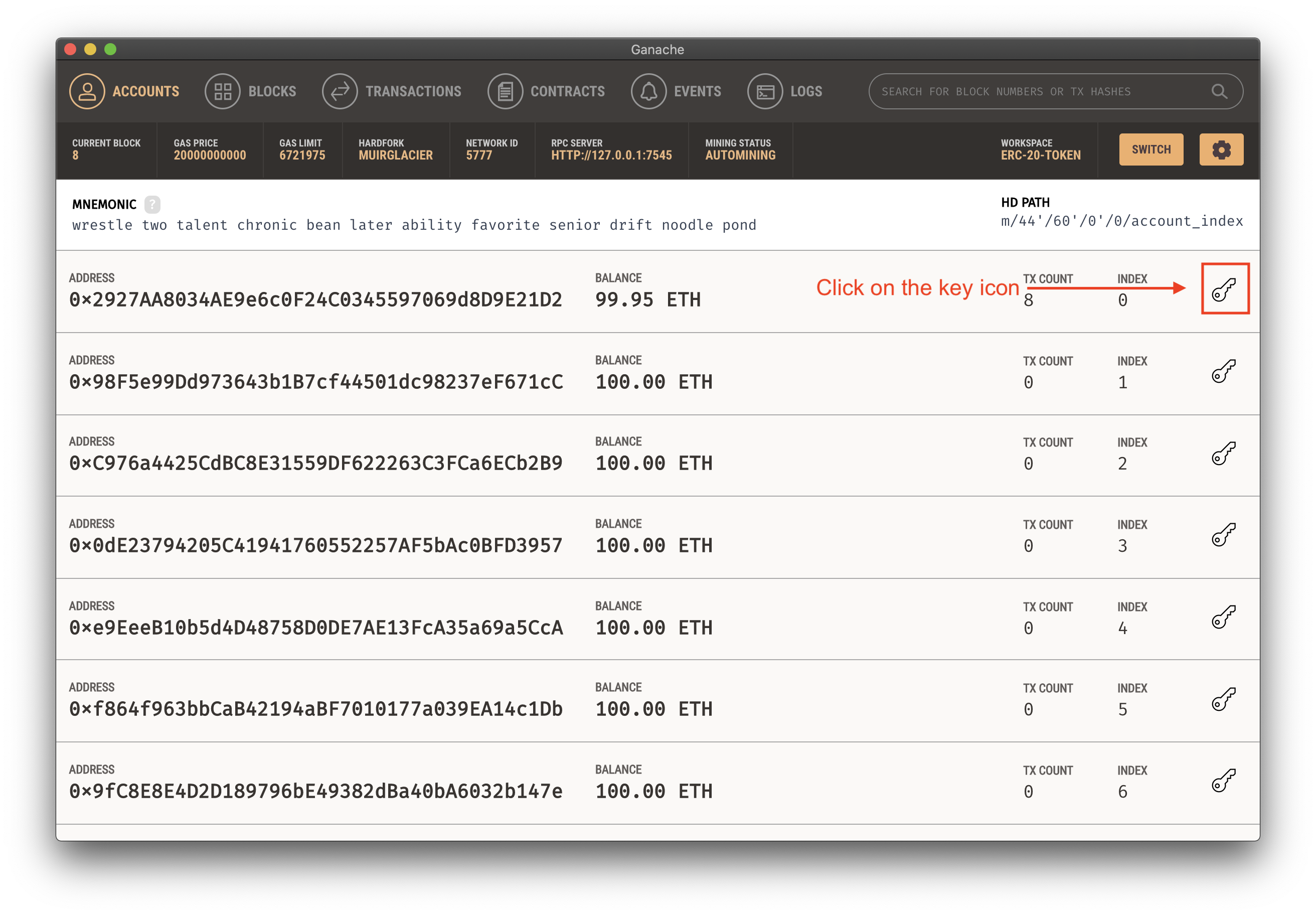 Copying deployment account's private key from Ganache