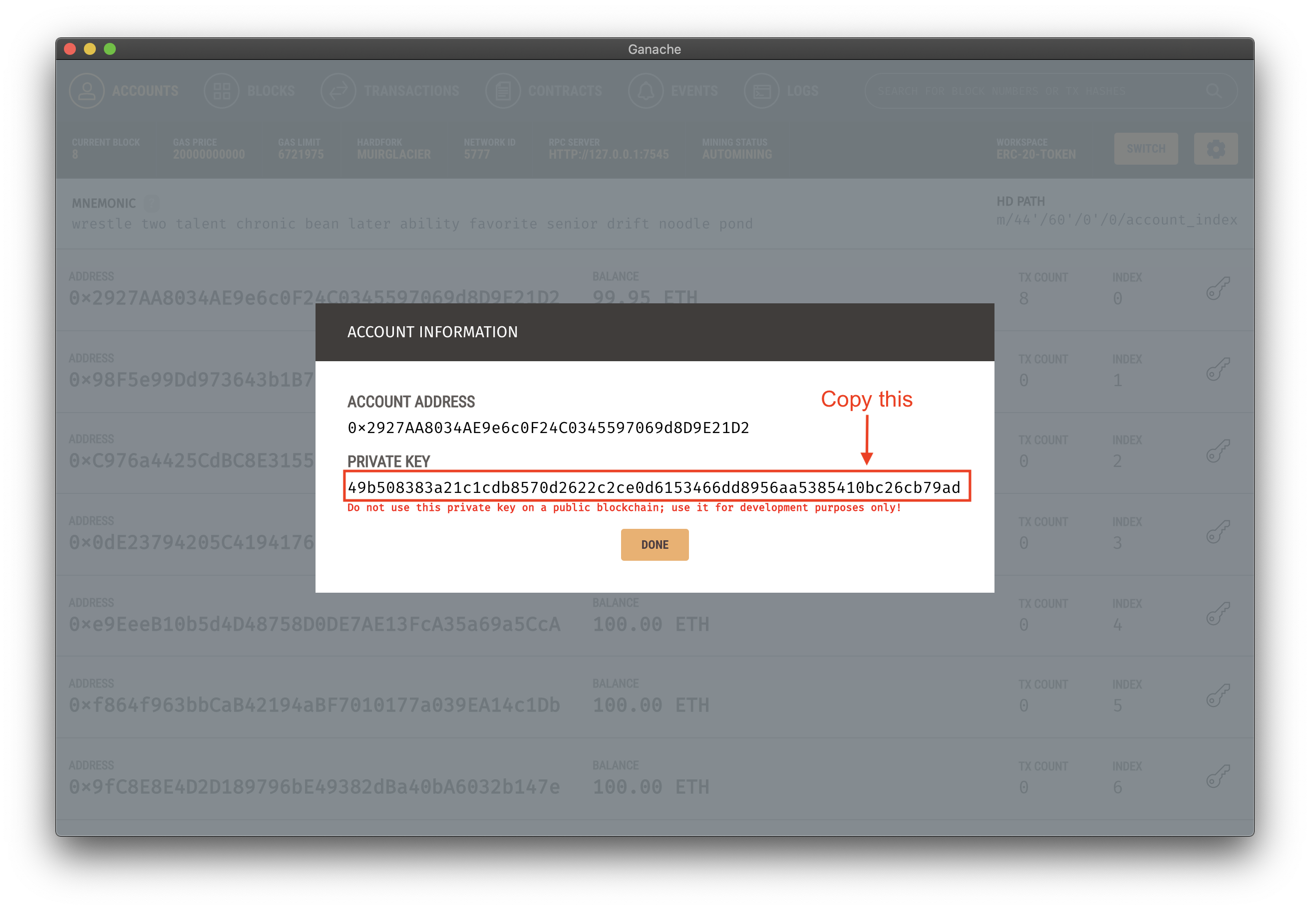 Copying deployment account's private key from Ganache