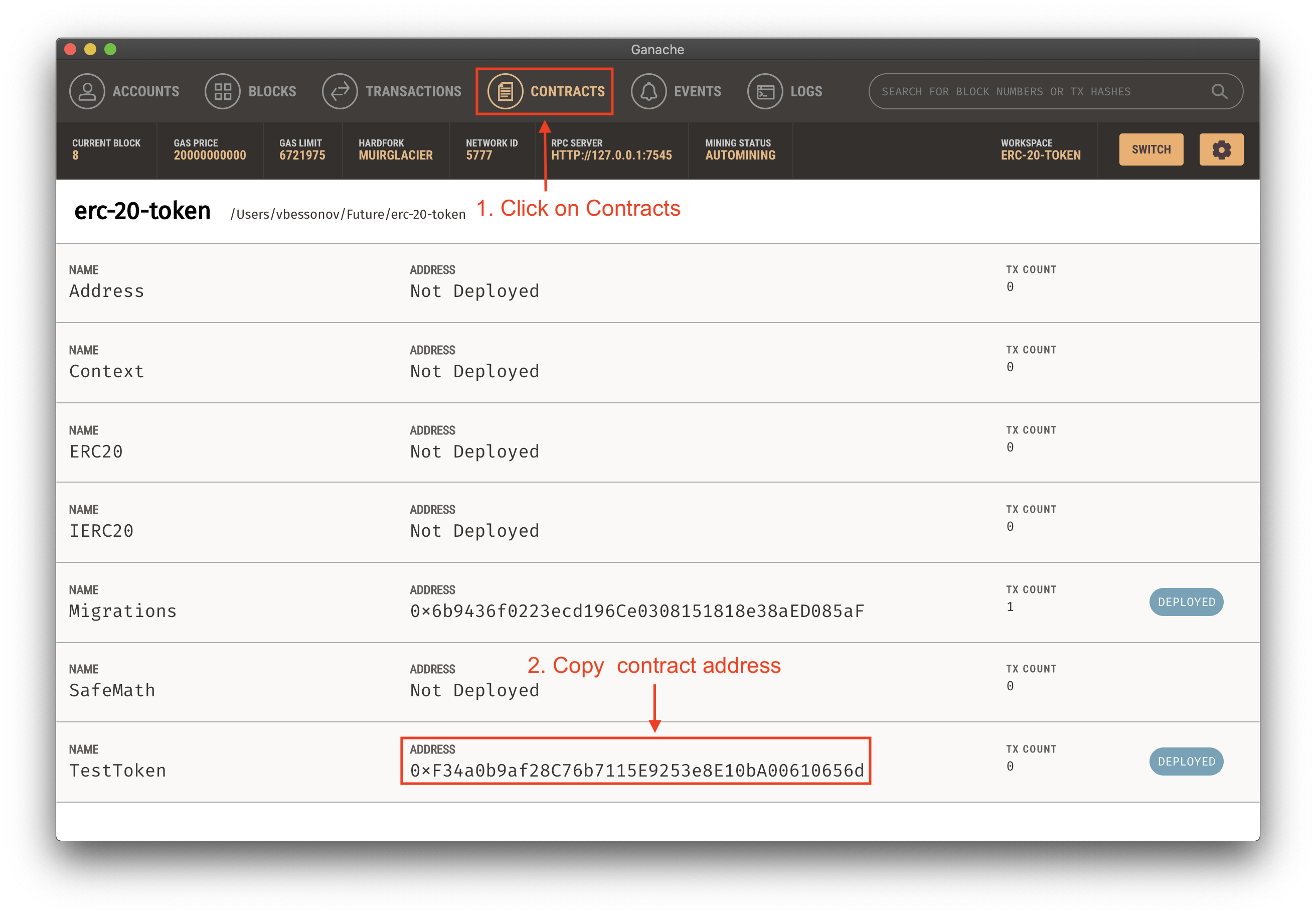 Copying token contract's address from Ganache