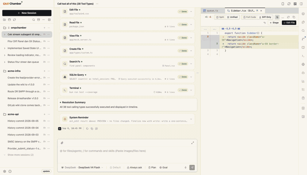 Feature tour — timeline, Files, Search, Source Control, a real PTY, Context & Telemetry, Wiki, and the theme cycle