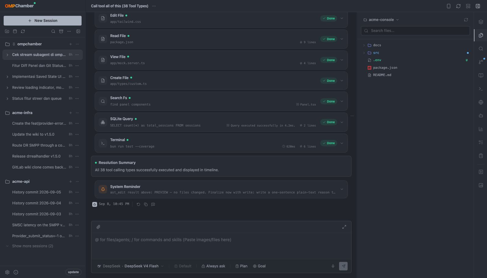 OMPChamber — session sidebar, streaming timeline with tool cards, and the Files panel