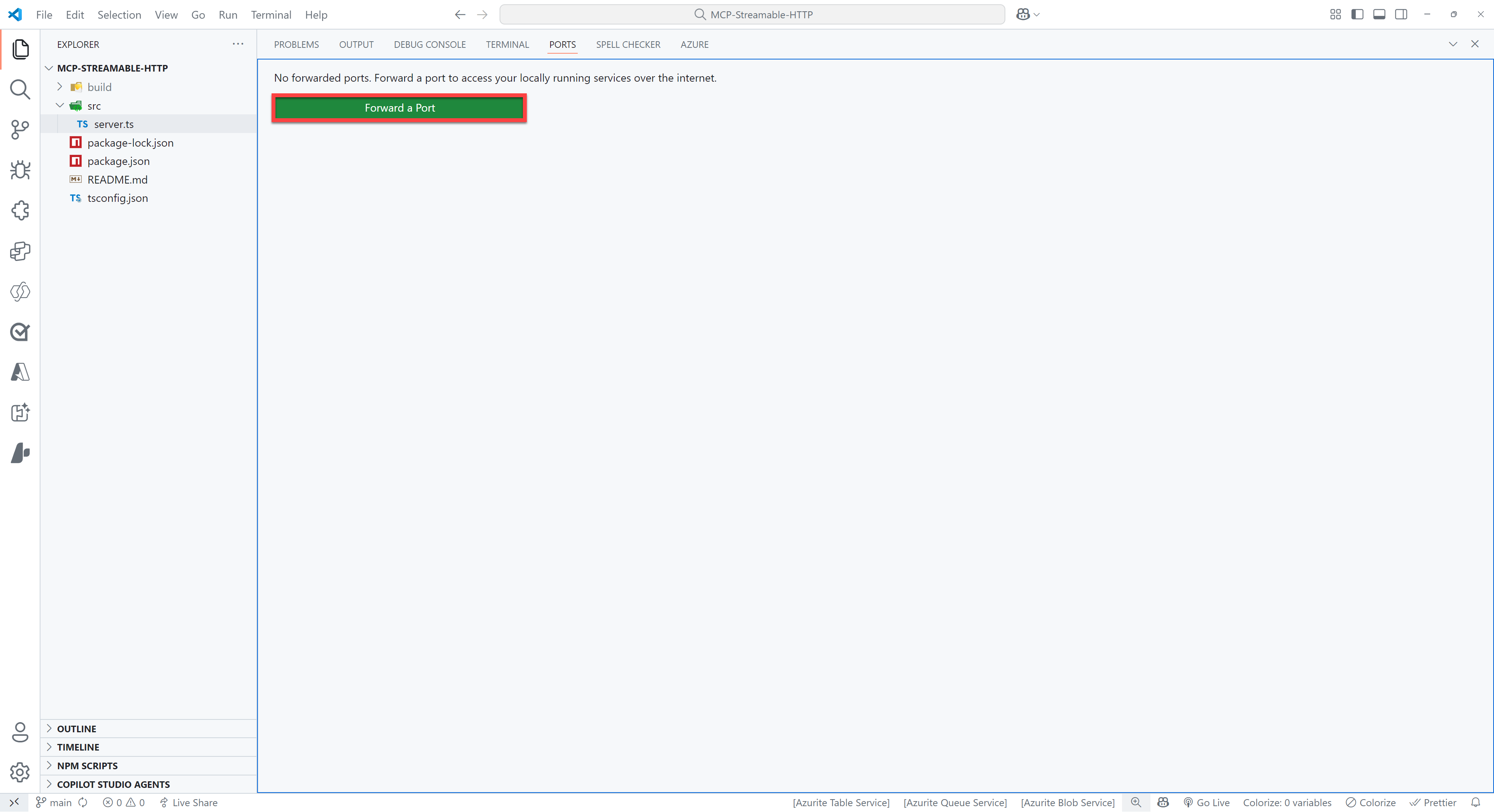 Image of VS Code where the PORTS tab is open and the green Forward a Port button is highlighted
