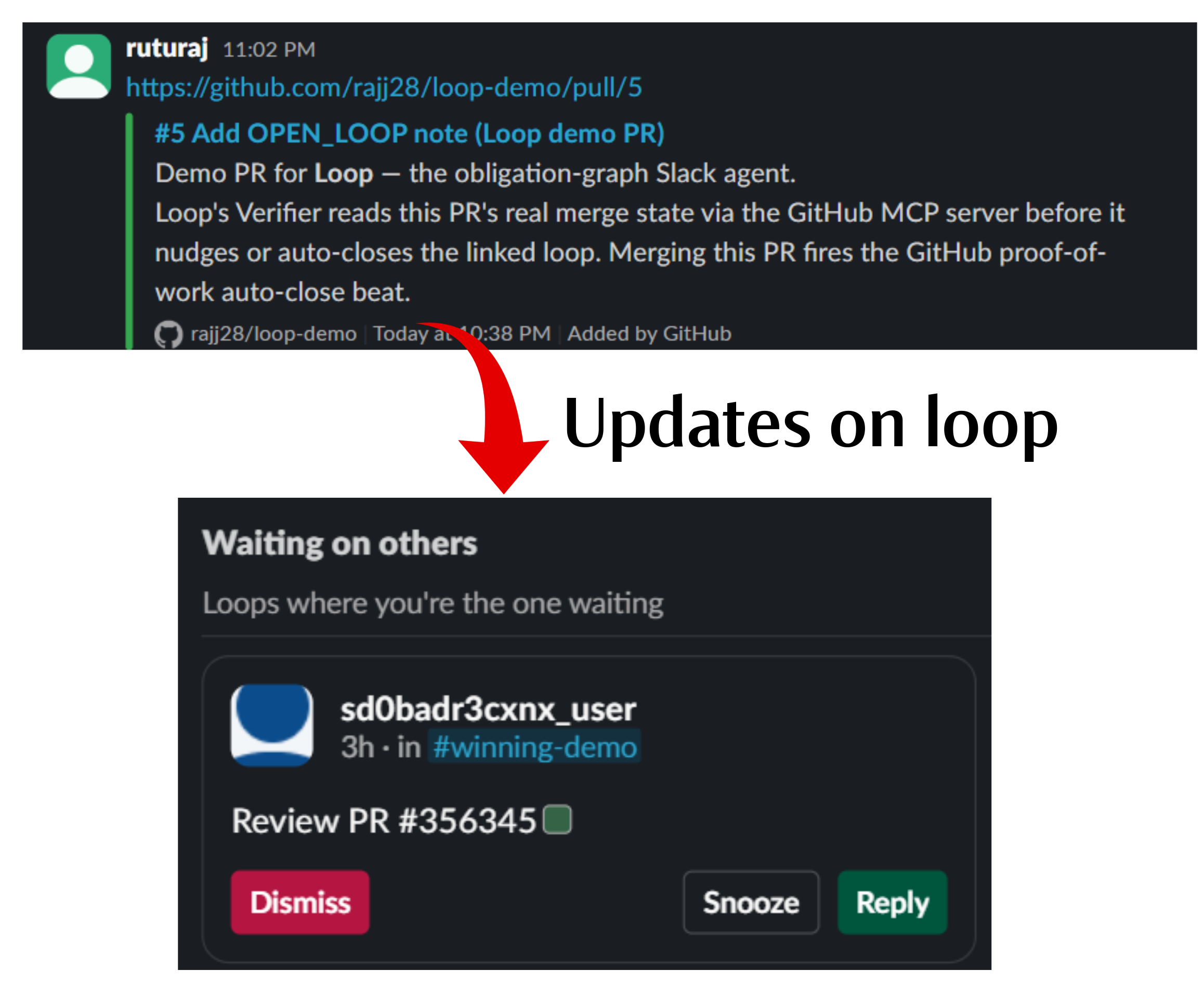 A PR review ask becomes a tracked loop, grounded to the real GitHub PR