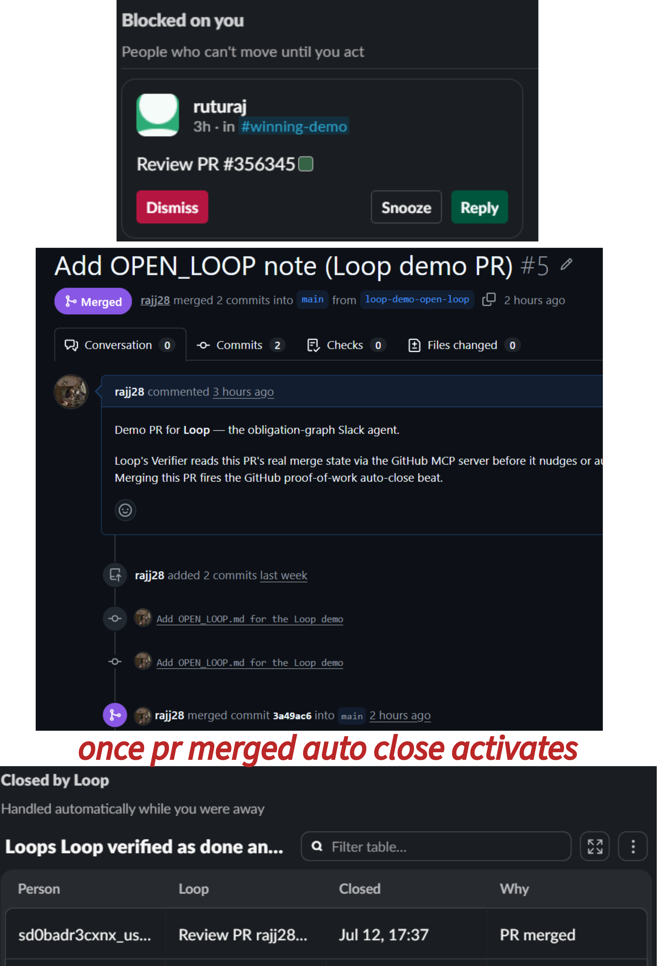 Auto-heal in action — the PR merges on GitHub and Loop closes the loop itself: "Closed by Loop — PR merged"