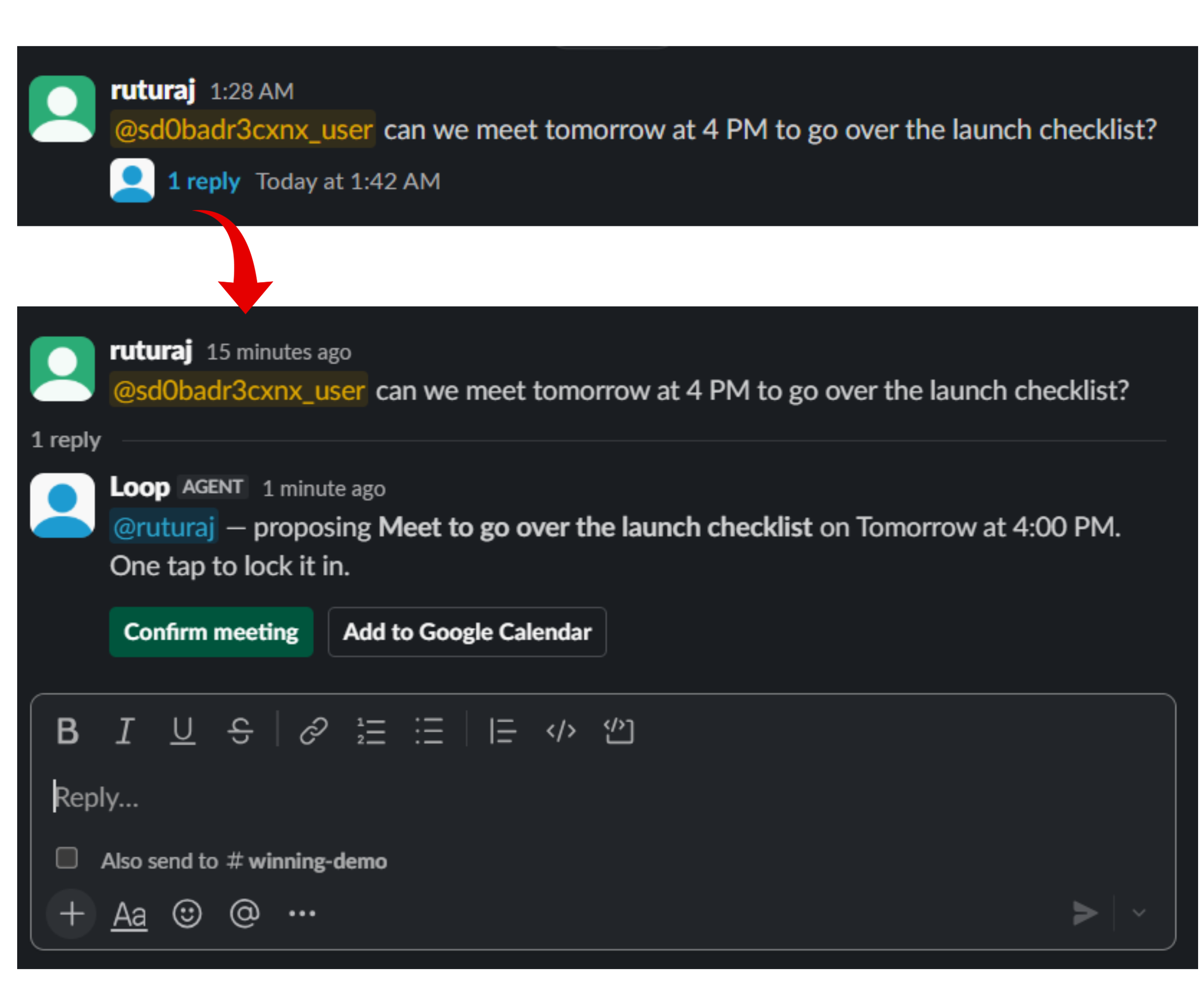 Receiver side — Loop proposes the meeting in-thread with one-tap Confirm and Add to Google Calendar