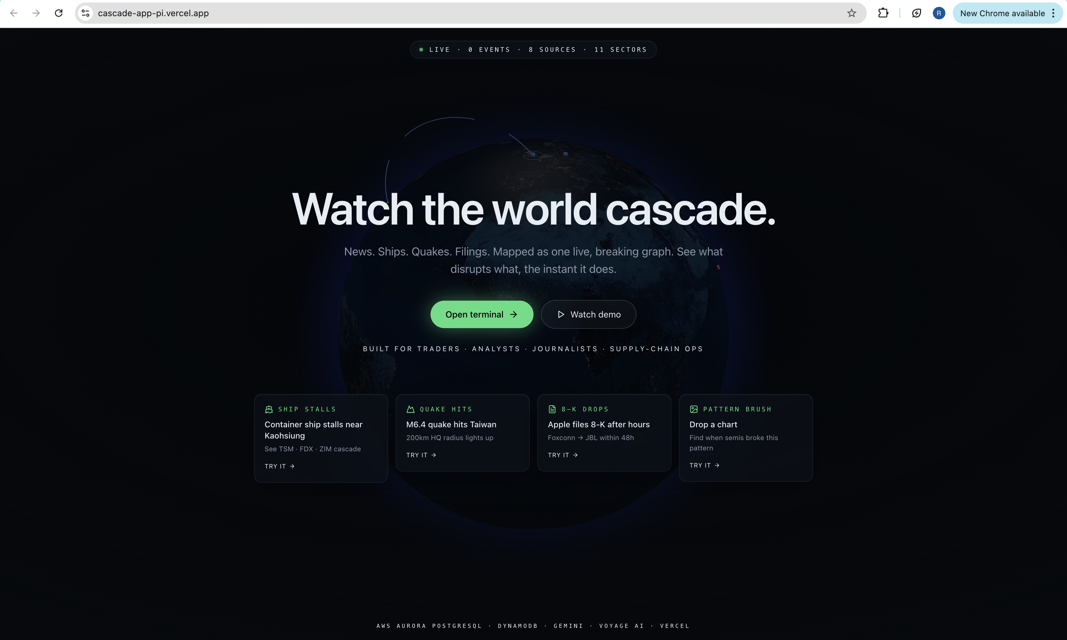 Cascade dashboard with event stats and active cascades