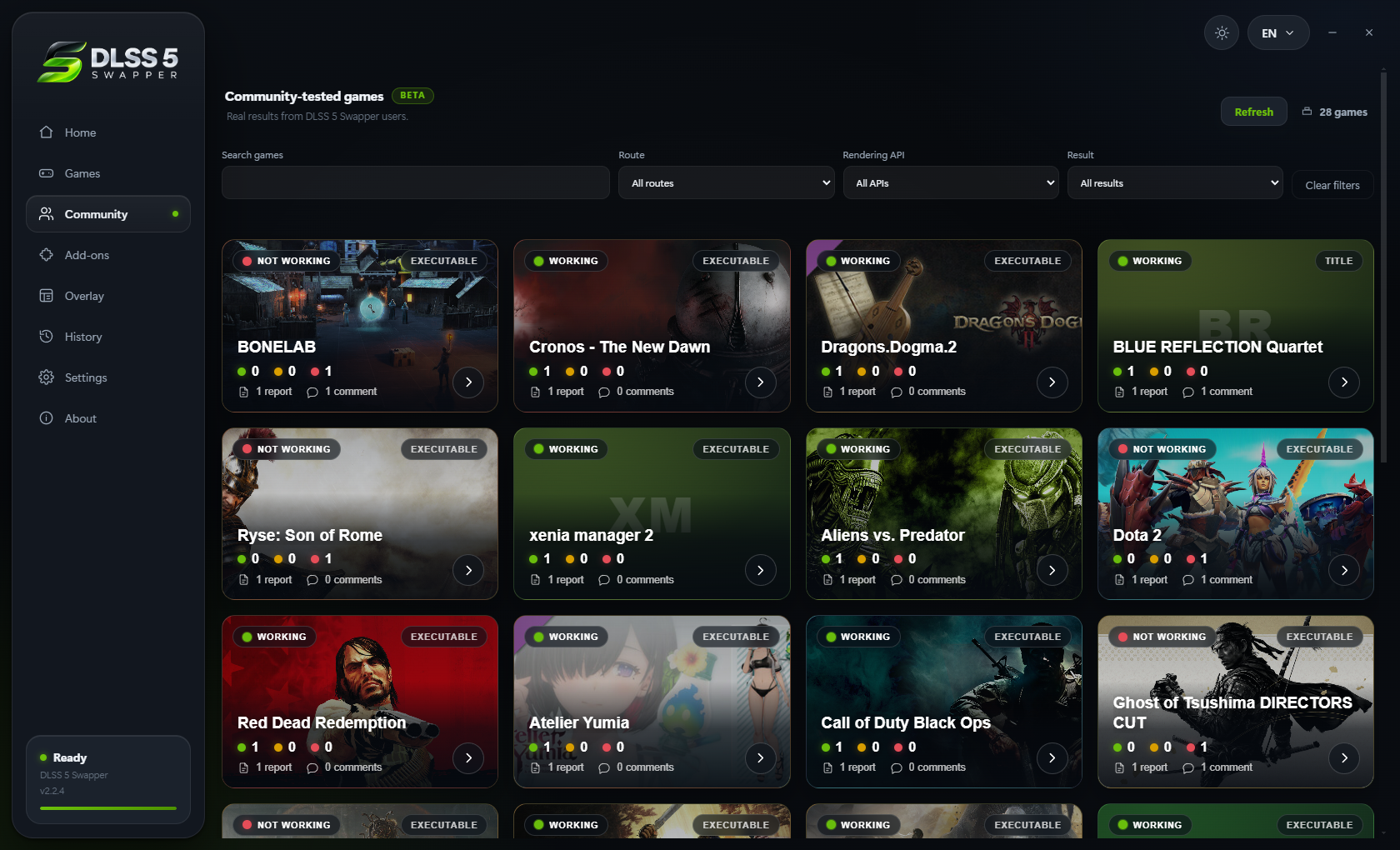 The Community page: every game people have reported on, with its artwork, verdict and comment count