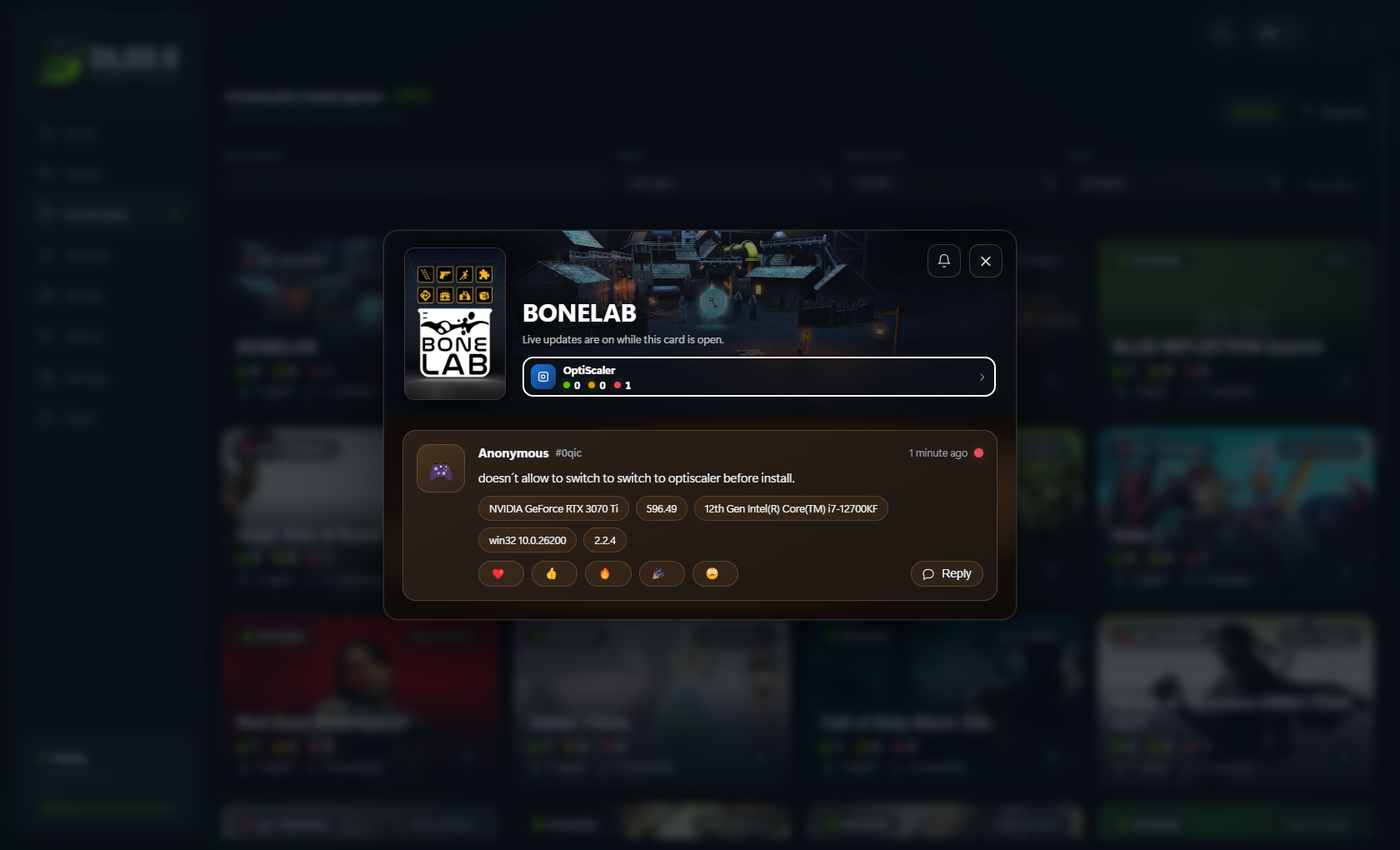 One game's card opened: a report, the machine it ran on, reactions and a reply button