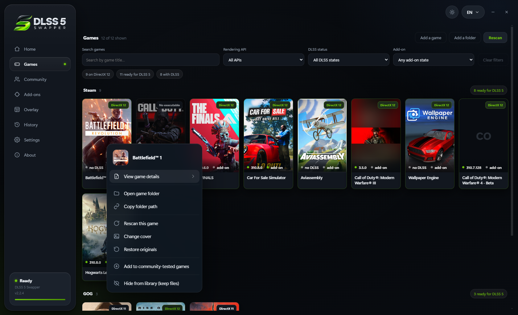 The right-click menu on a game card, drawn by the app, with the way into the community on it