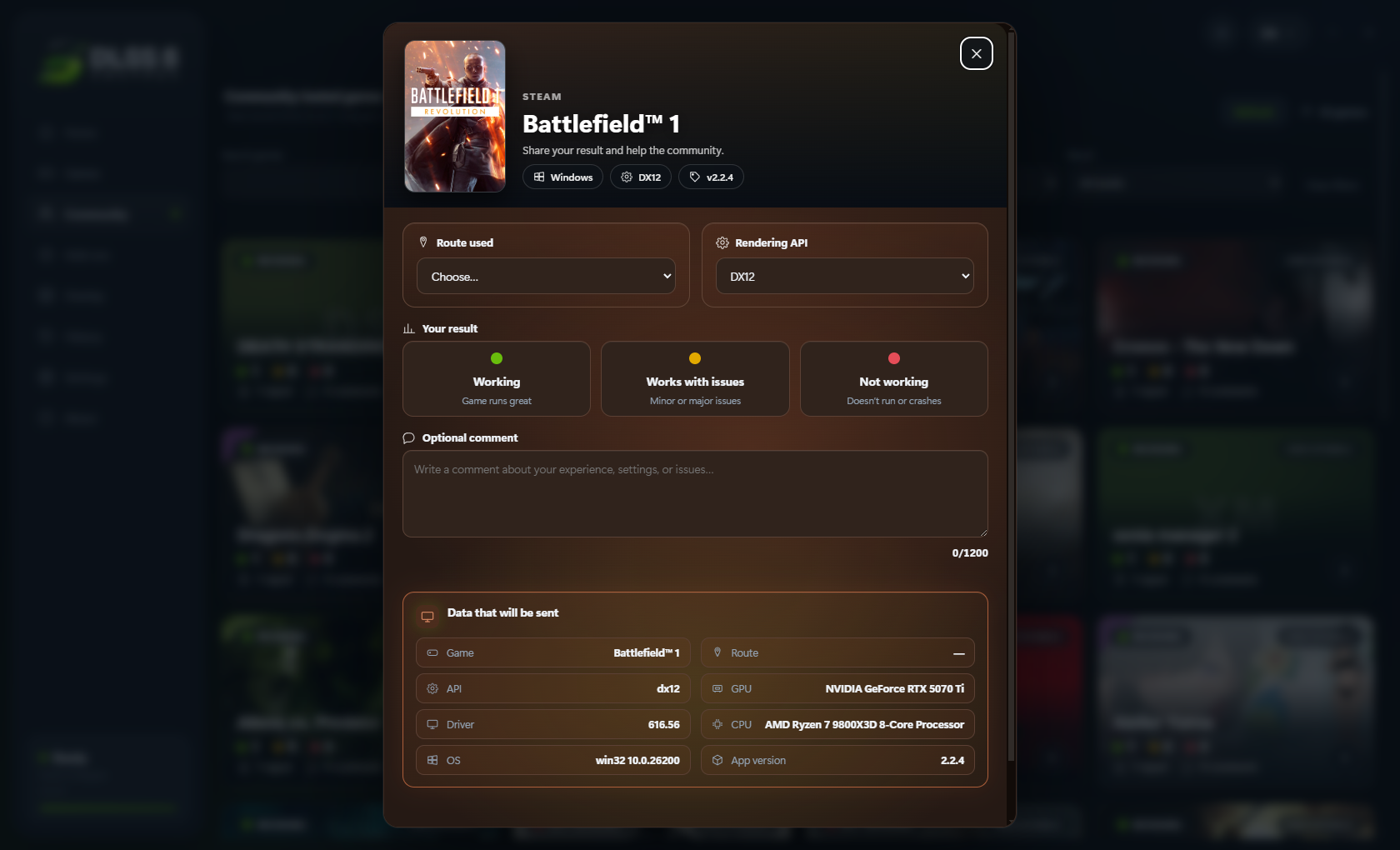 The report sheet for Battlefield 1, wearing the orange of its own poster, listing every field that will be sent