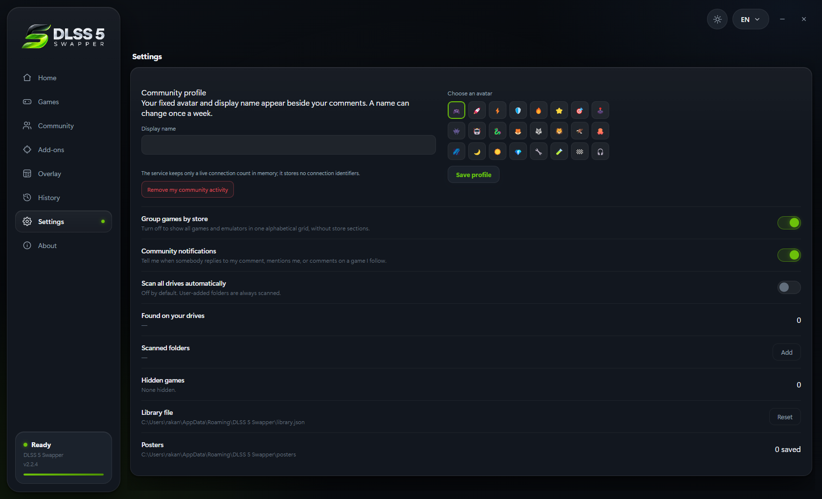 Settings: the community display name, twenty-four avatars, the notifications switch and Remove my community activity