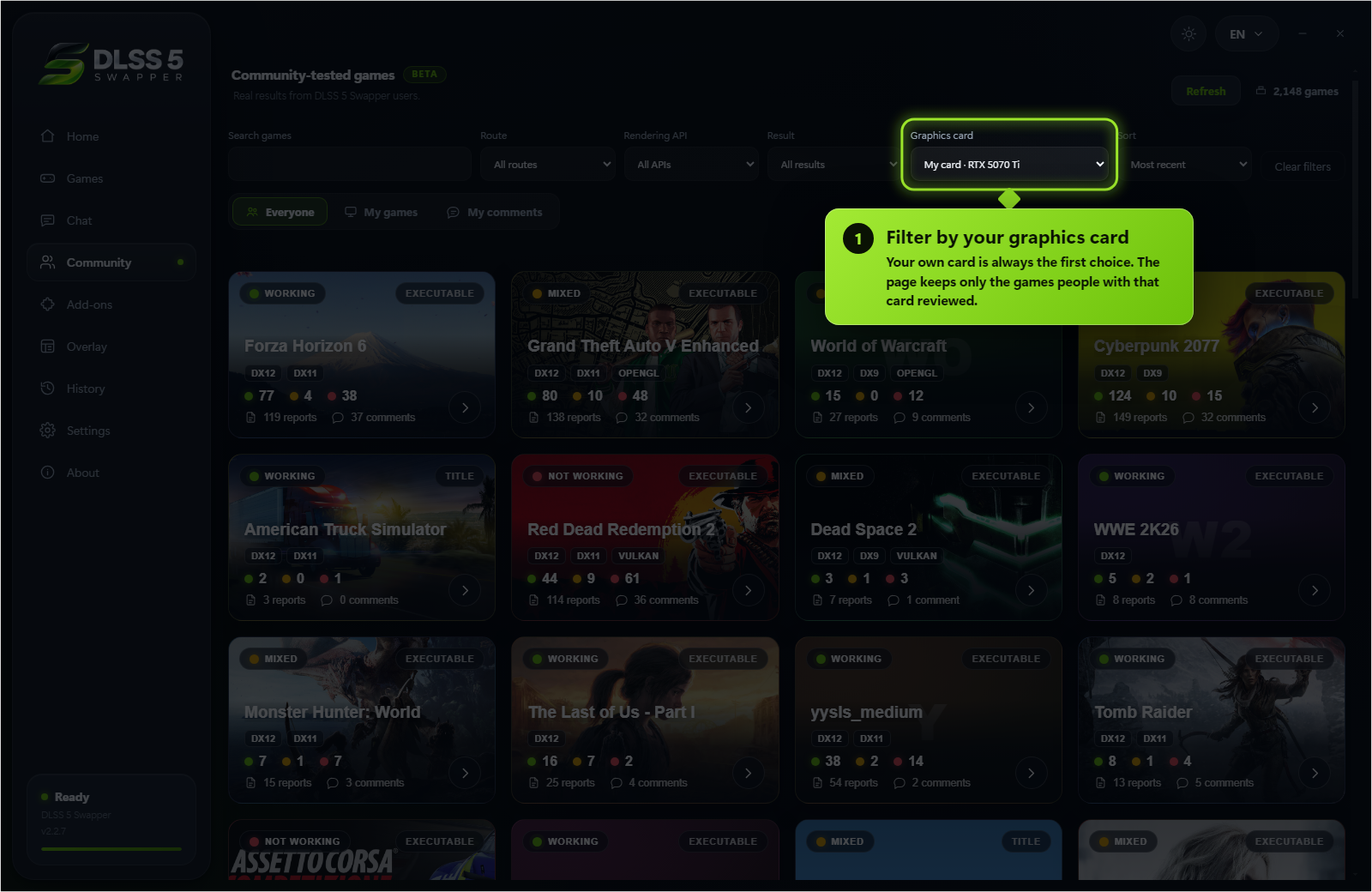 The Community page filtered to your own graphics card