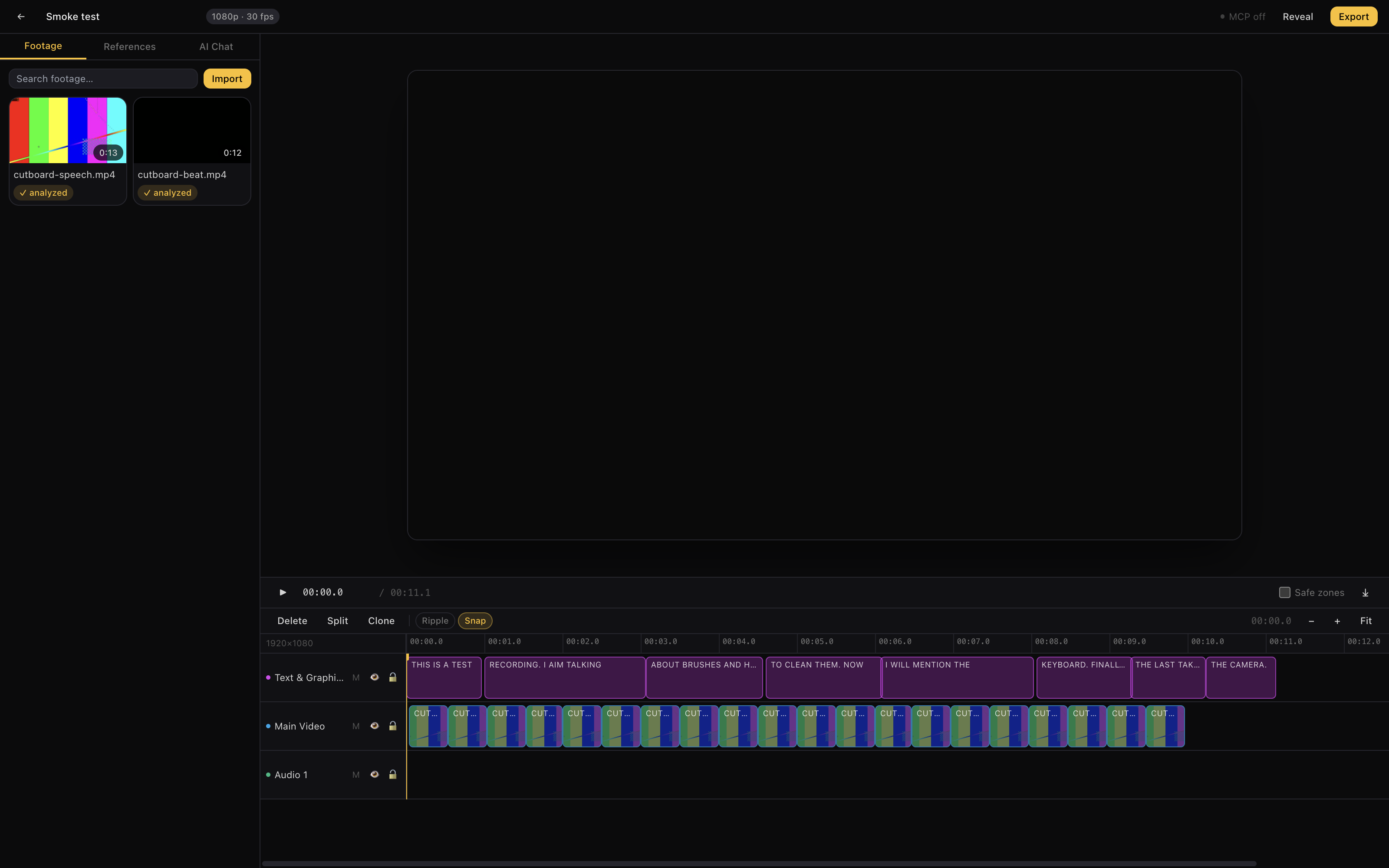 Cutboard editor — beat-synced sequence with karaoke captions generated by the agent
