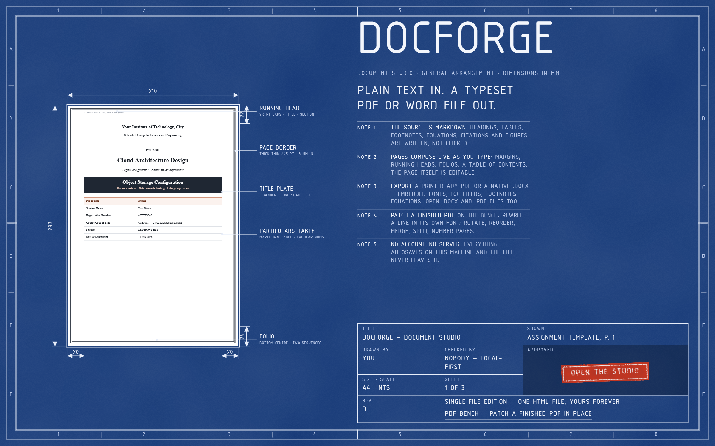 DocForge landing page: an A4 page drawn as a dimensioned engineering sheet