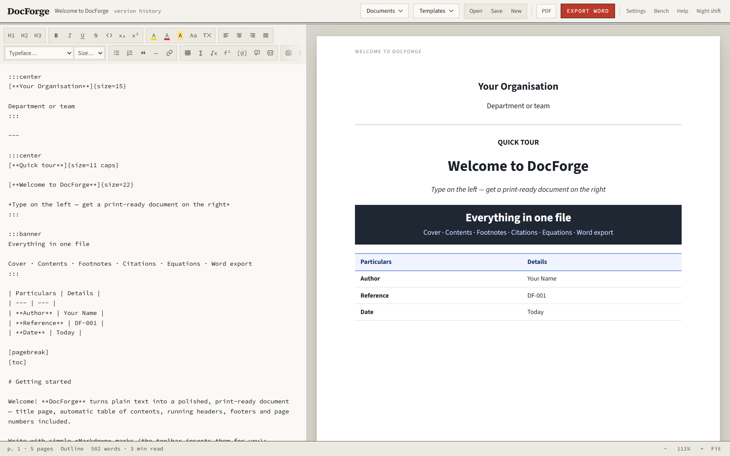 The studio: Markdown source on the left, paginated A4 preview on the right