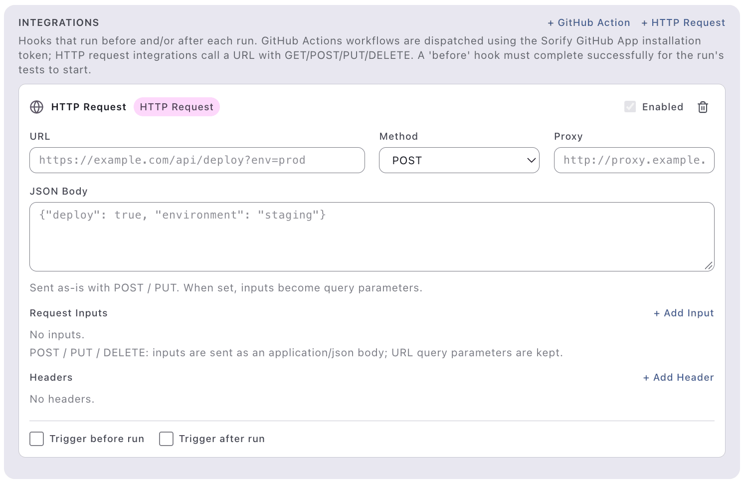 HTTP integration settings