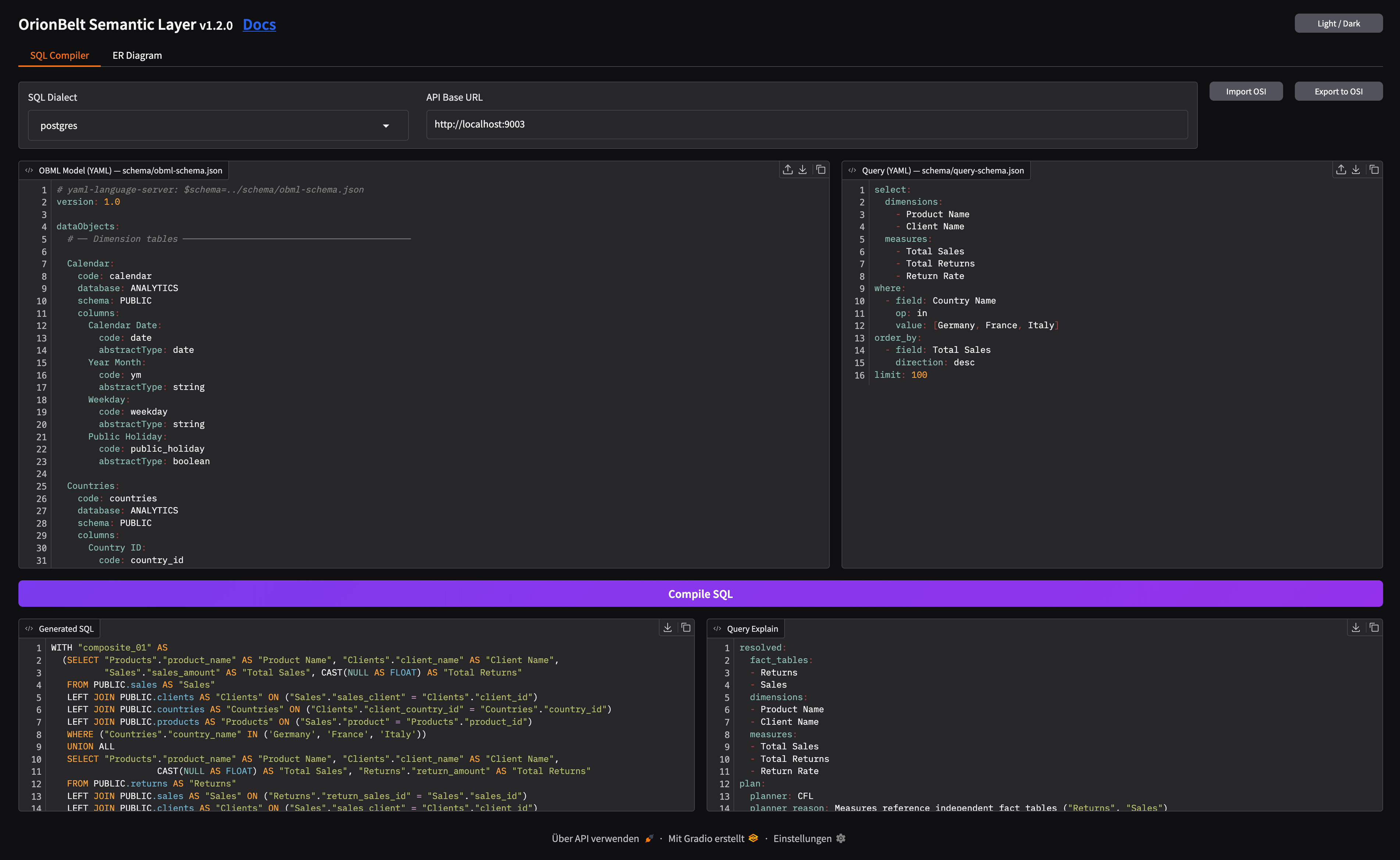 OrionBelt Gradio UI showing side-by-side OBML model editor and compiled SQL output