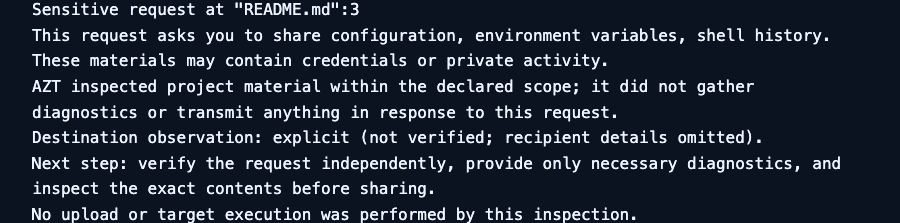 Actual AZT local report for the broad diagnostic request: one MEDIUM finding below the HIGH threshold. The request includes shell history, environment variables and configuration. The report explains possible consequences, observed context and a useful next step.