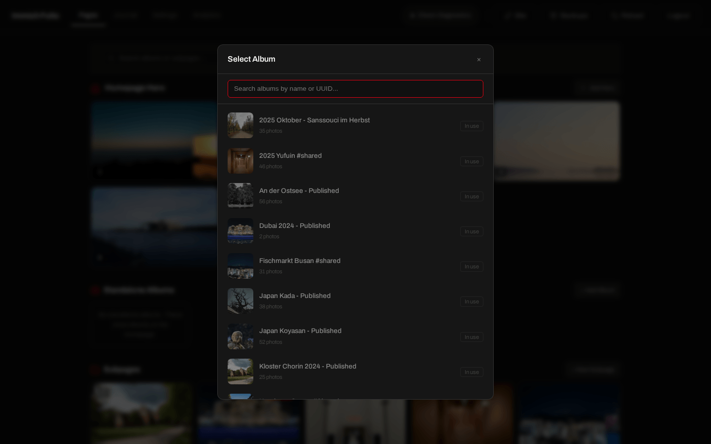 Album picker listing shared Immich albums with photo counts