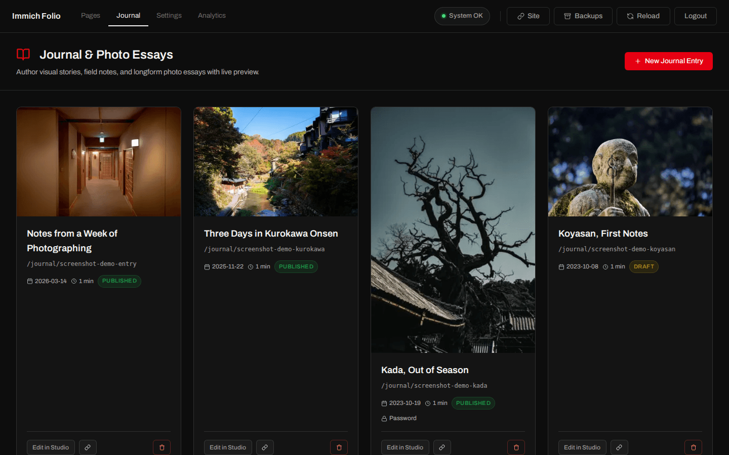The Journal tab listing entries with covers, dates and draft badges