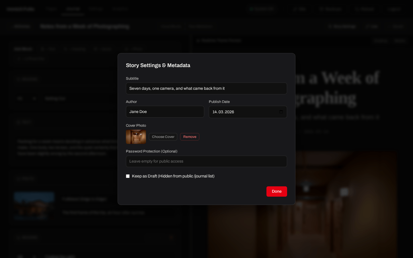 The Story Settings dialog: subtitle, author, publish date, cover photo, password and draft toggle