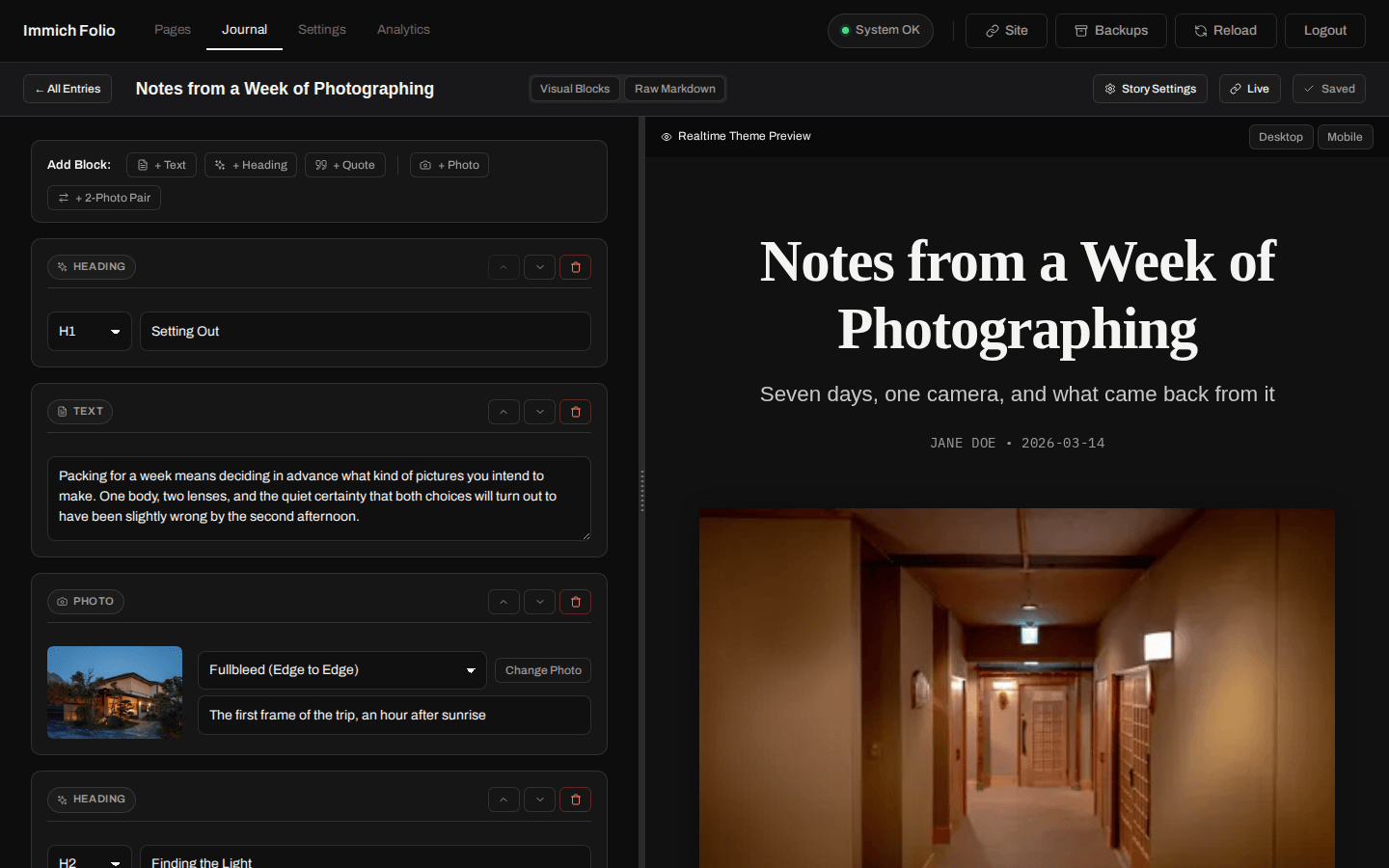 The Journal Studio: block editor on the left, live preview of the entry on the right