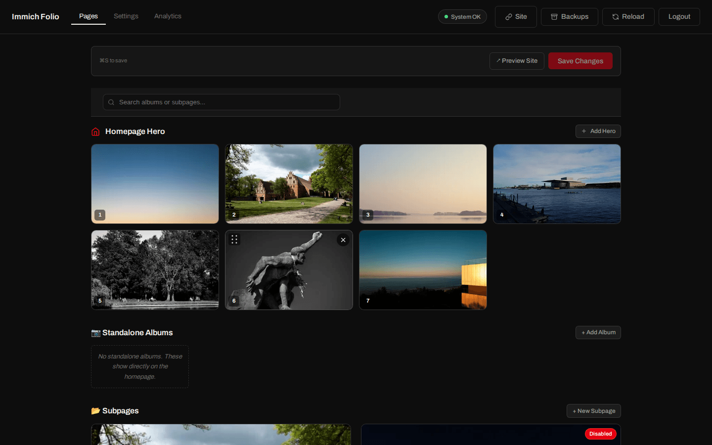 Visual page builder with hero images, standalone albums and subpages